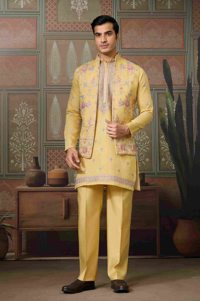 Trending Yellow Haldi Ceremony Koti Kurta for Men