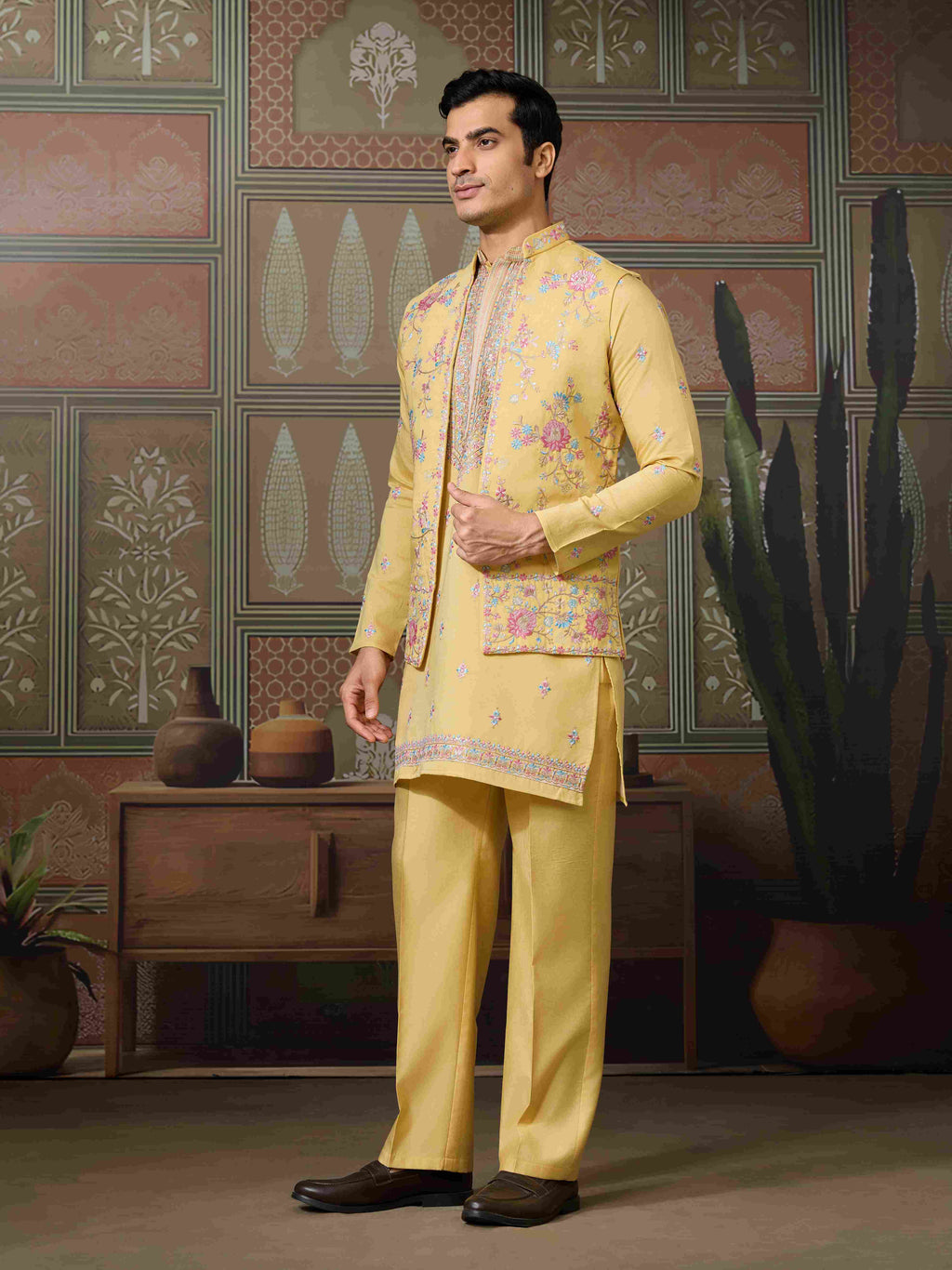 Trending Yellow Haldi Ceremony Koti Kurta for Men