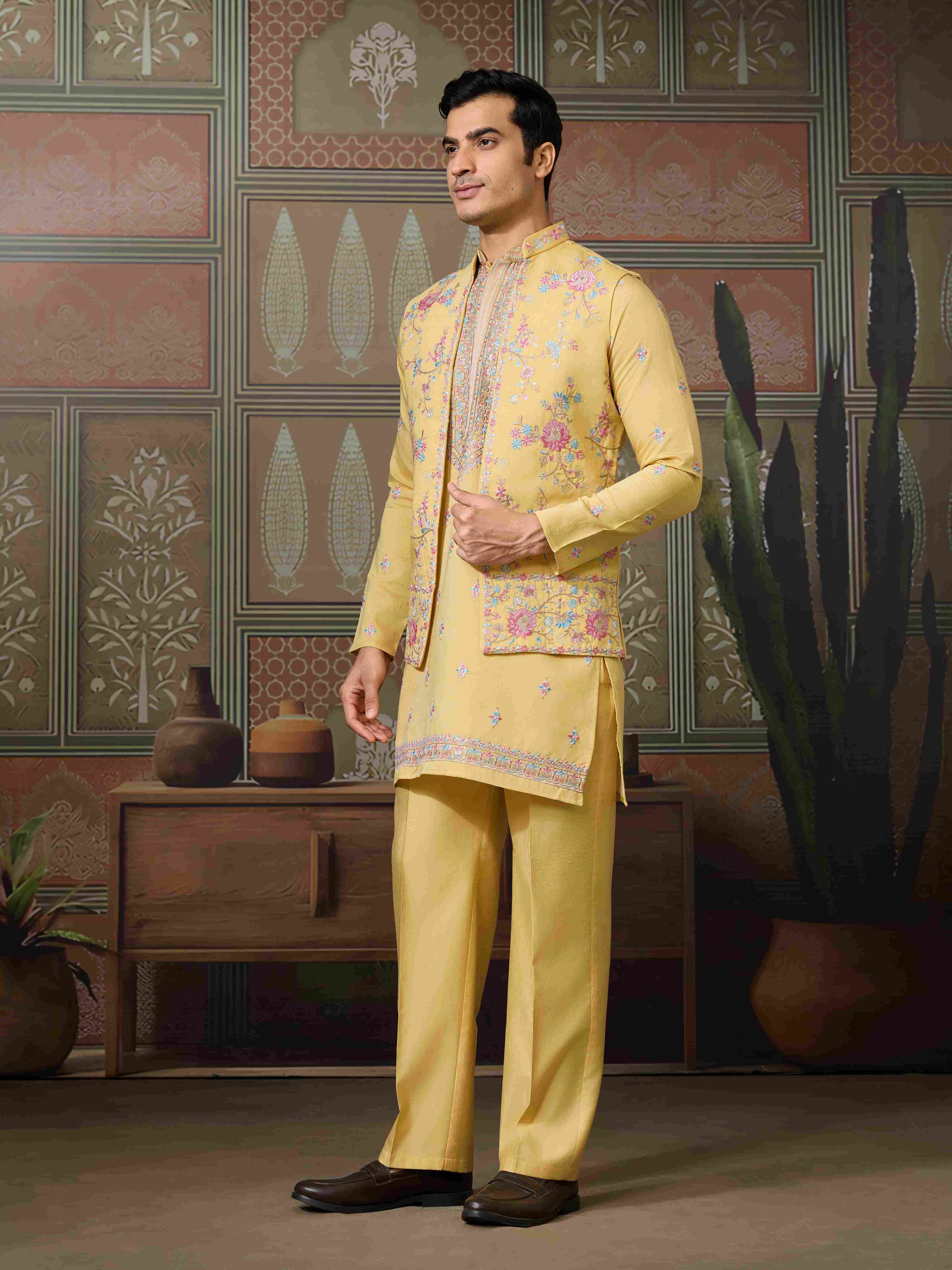 Trending Yellow Haldi Ceremony Koti Kurta for Men