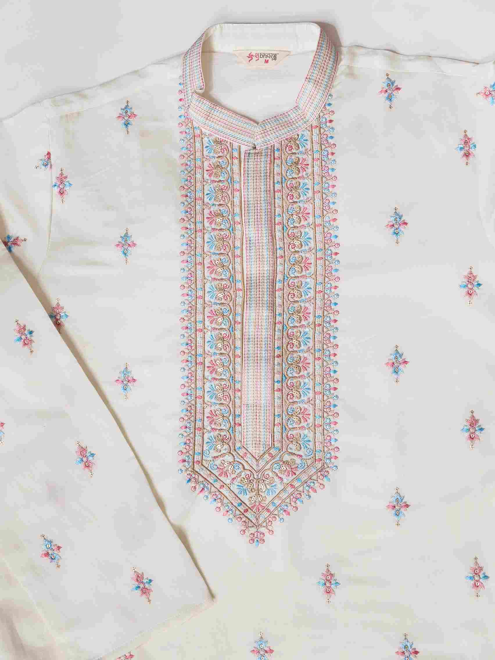 Ethnic White Embroidered Koti Kurta Set for Men