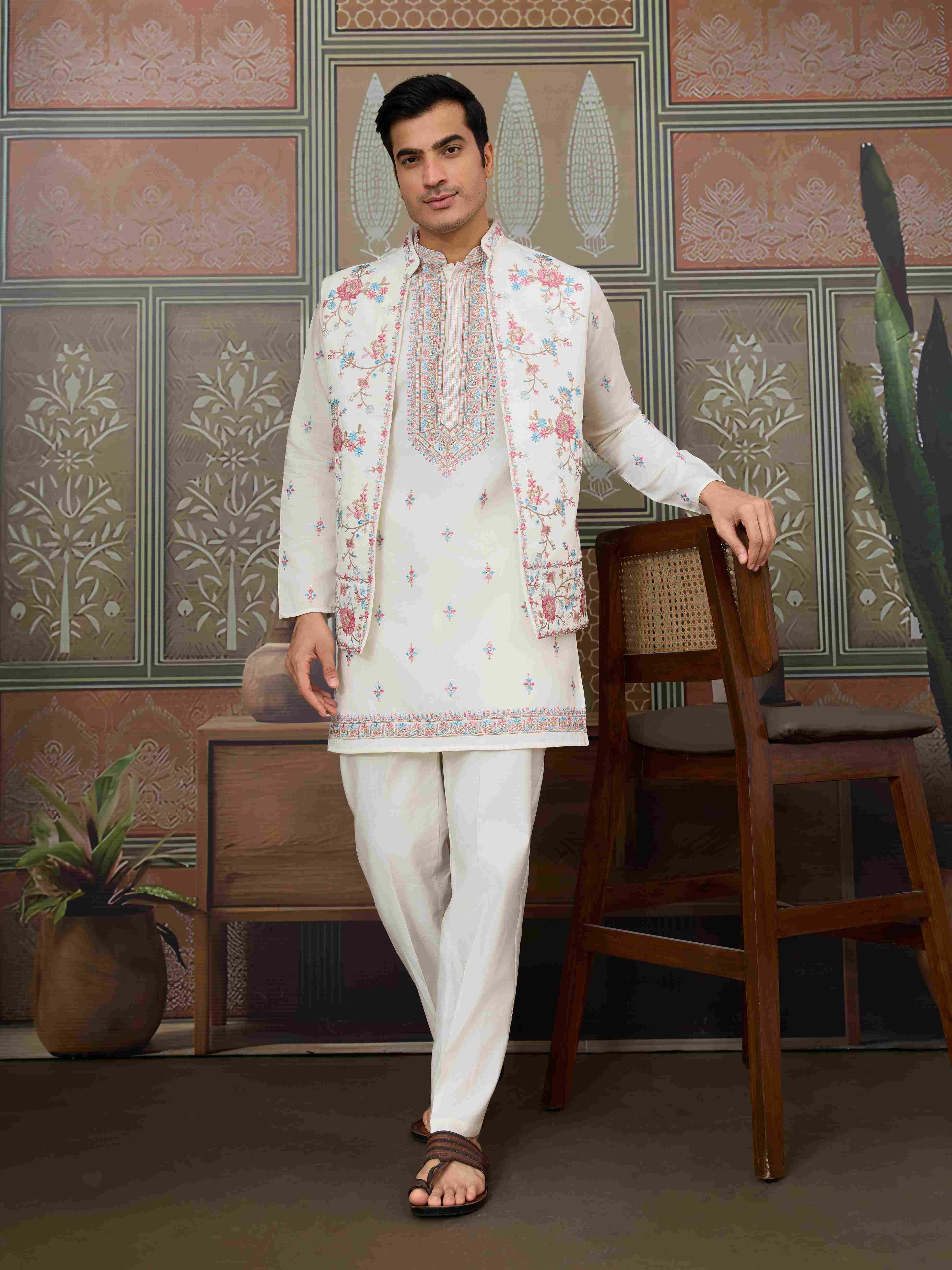 Ethnic White Embroidered Koti Kurta Set for Men