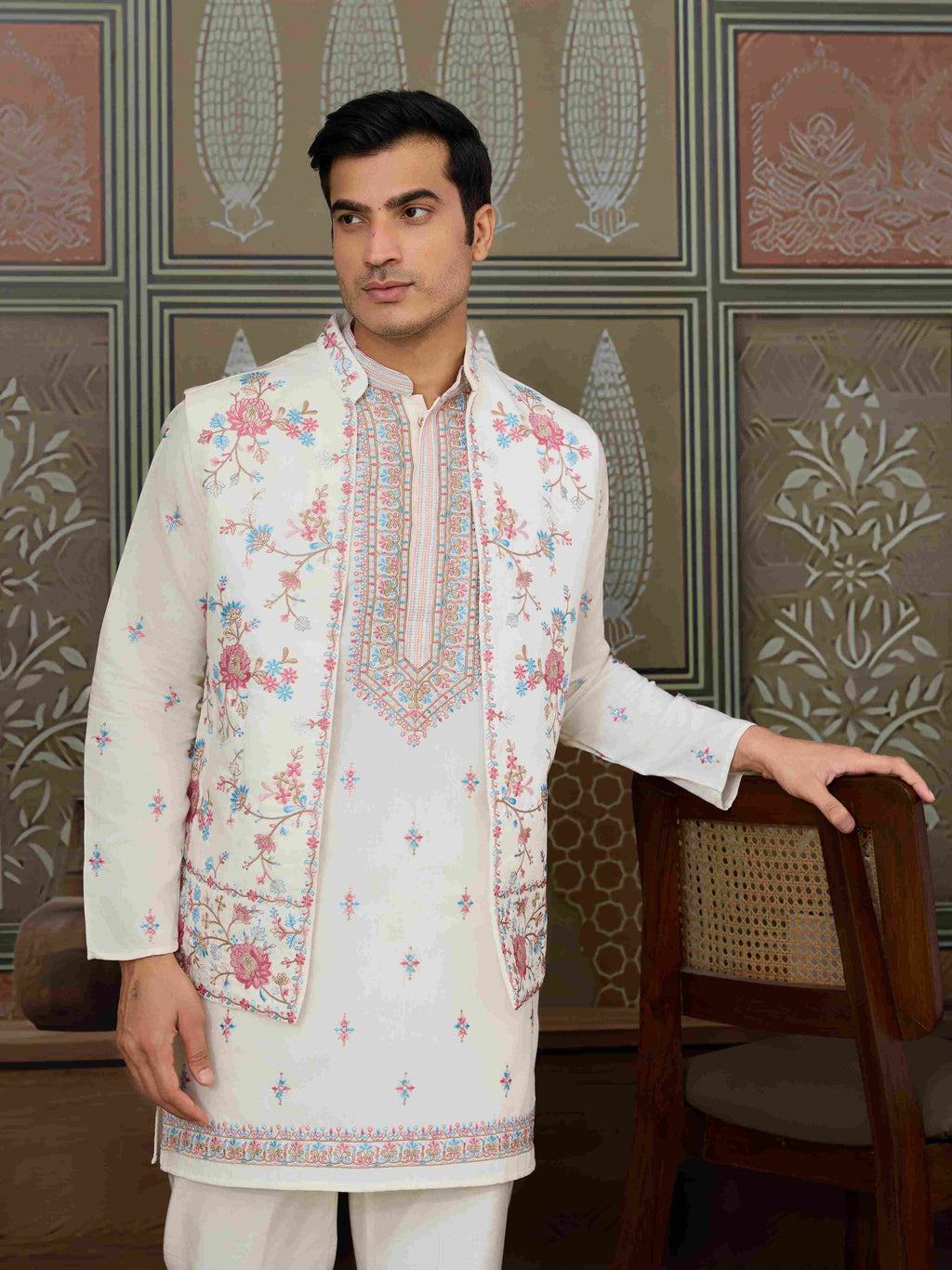 Ethnic White Embroidered Koti Kurta Set for Men