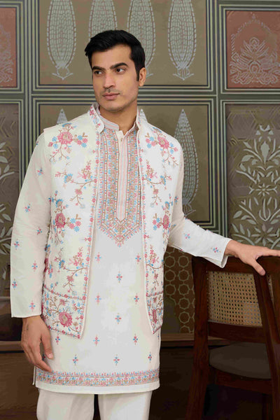 Ethnic White Embroidered Koti Kurta Set for Men