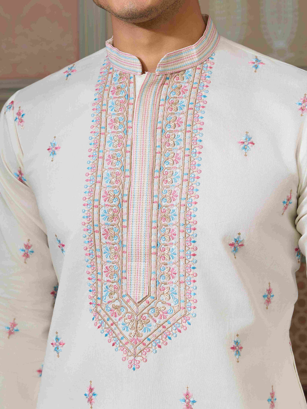 Ethnic White Embroidered Koti Kurta Set for Men