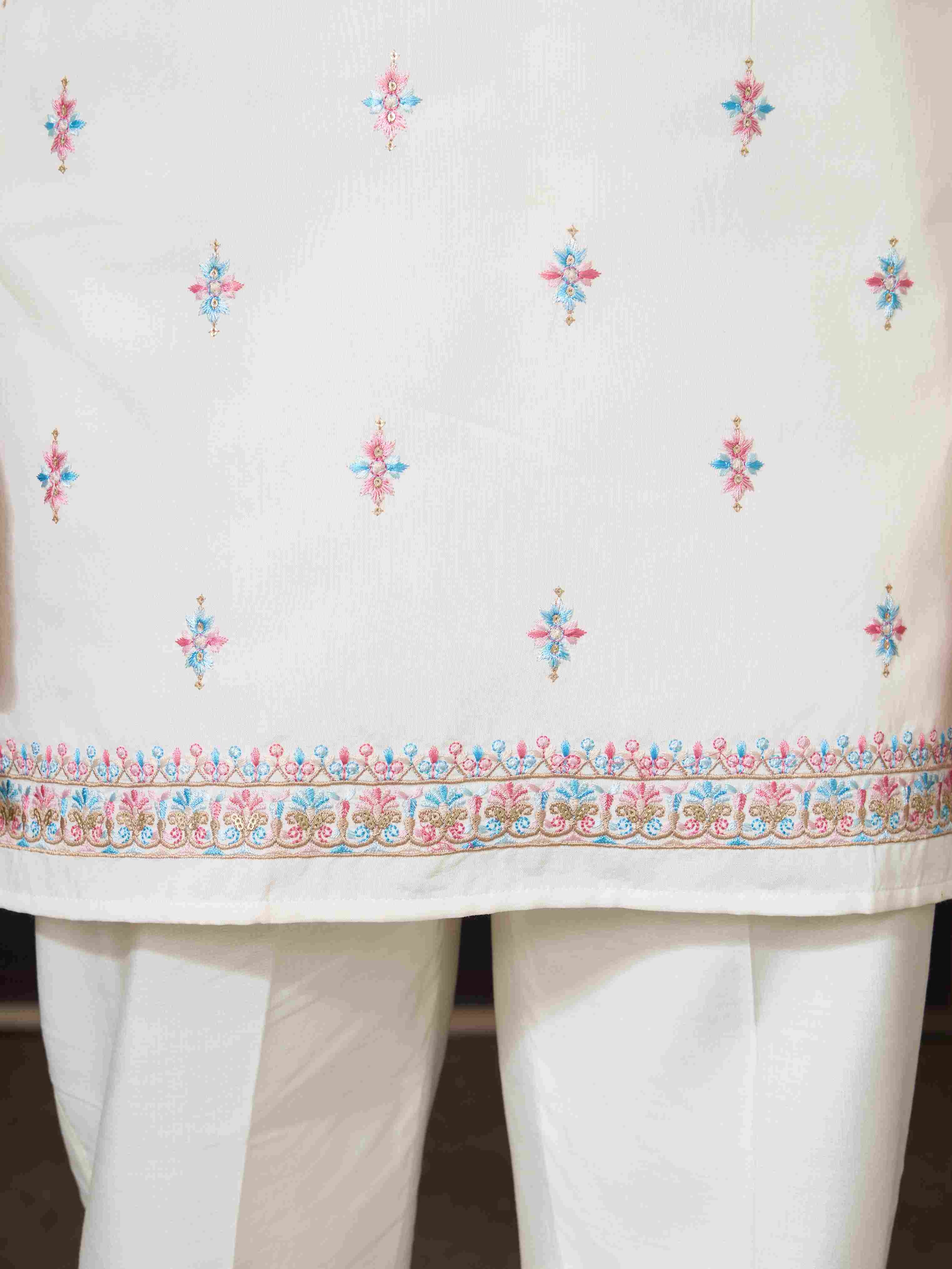 Ethnic White Embroidered Koti Kurta Set for Men