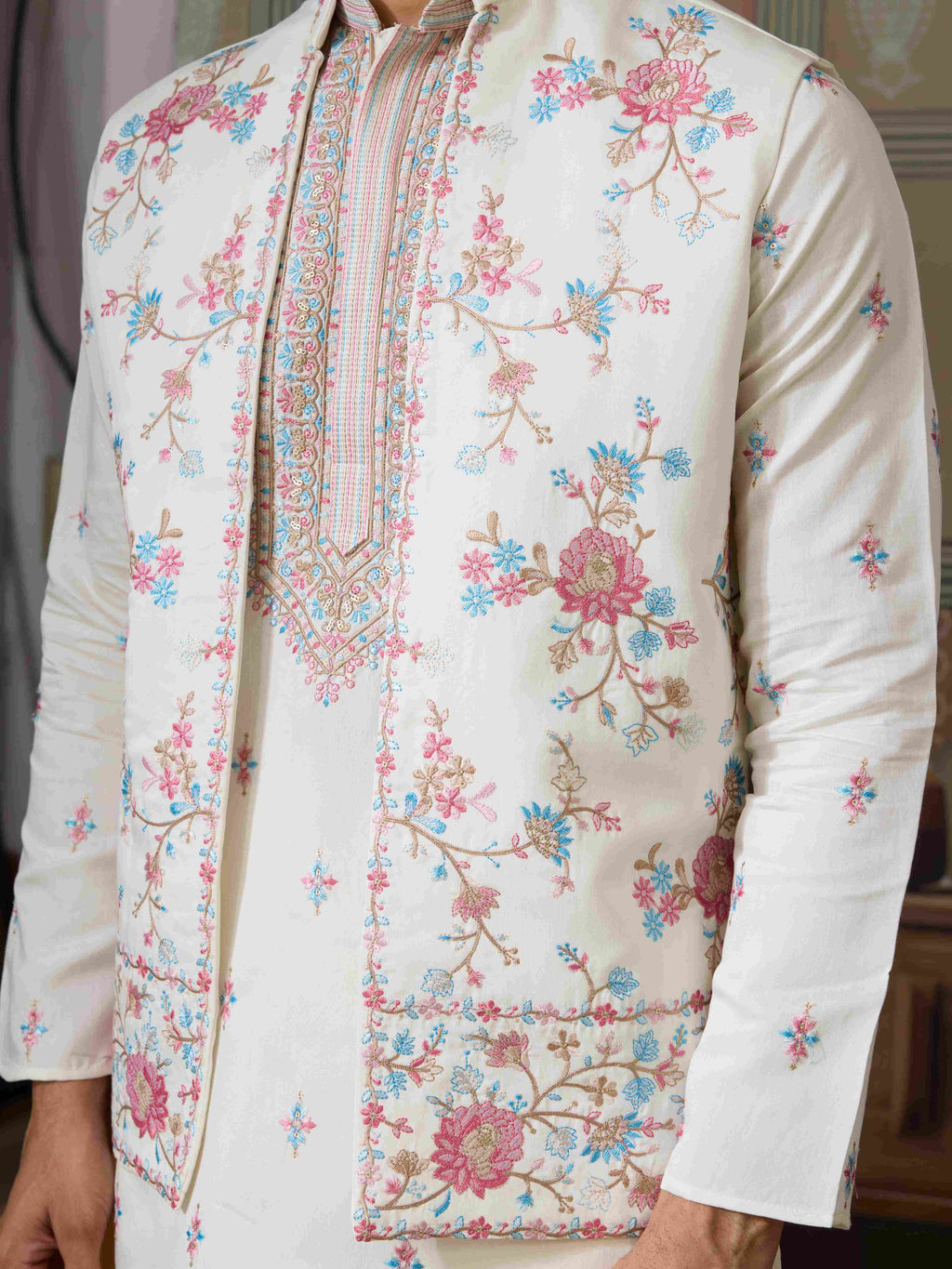Ethnic White Embroidered Koti Kurta Set for Men