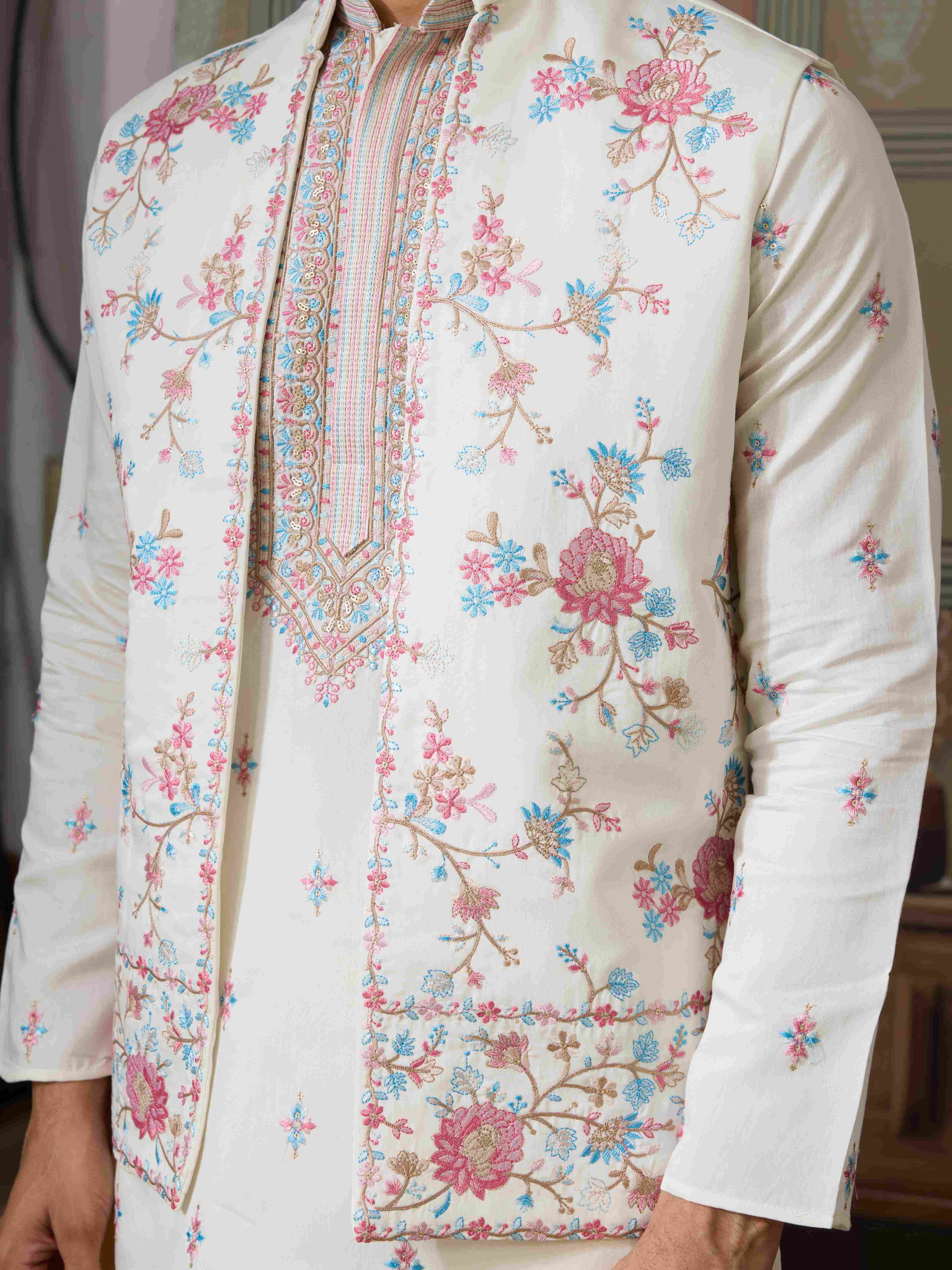 Ethnic White Embroidered Koti Kurta Set for Men