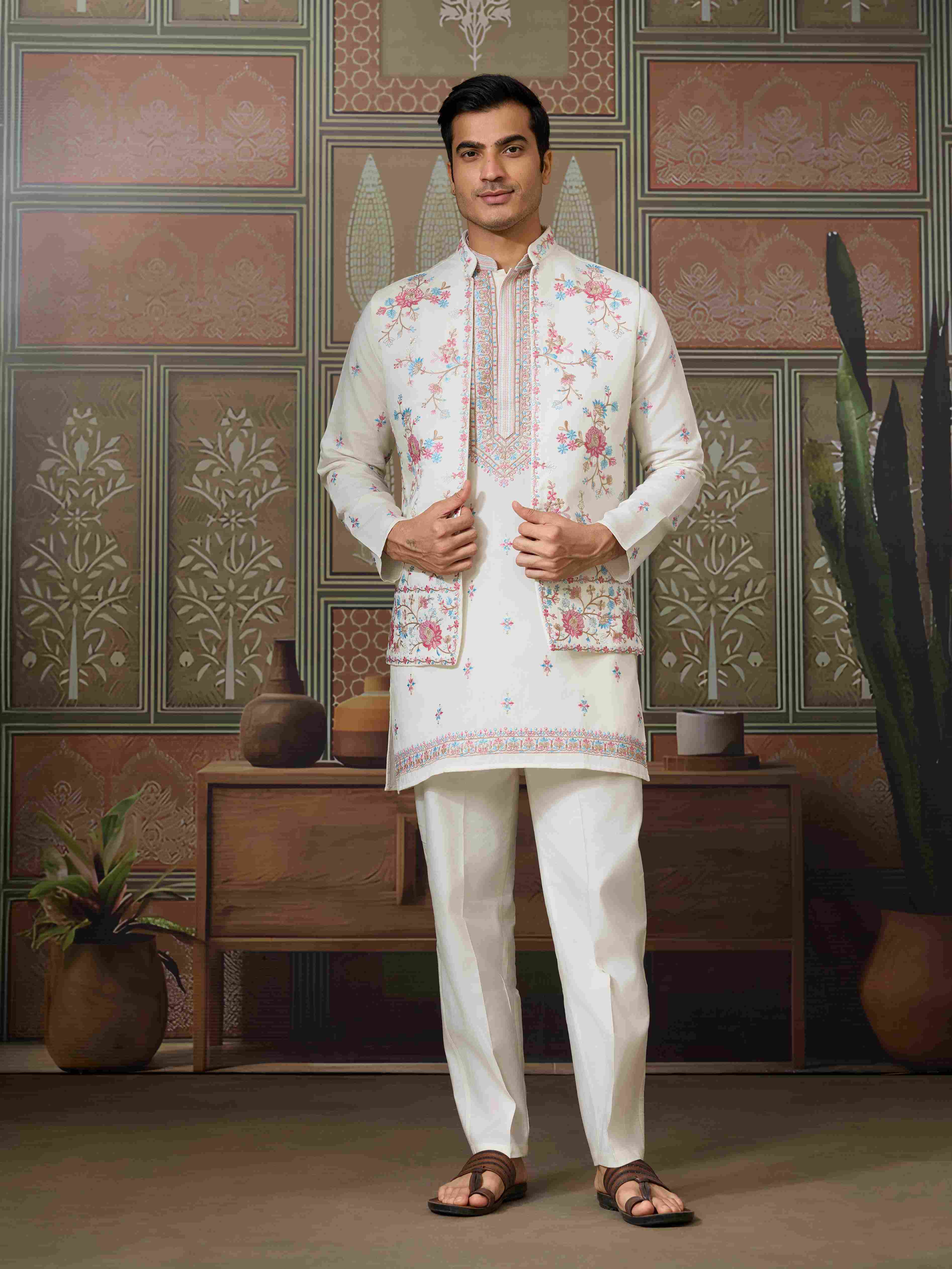 Ethnic White Embroidered Koti Kurta Set for Men