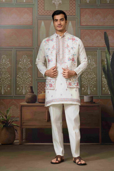 Ethnic White Embroidered Koti Kurta Set for Men