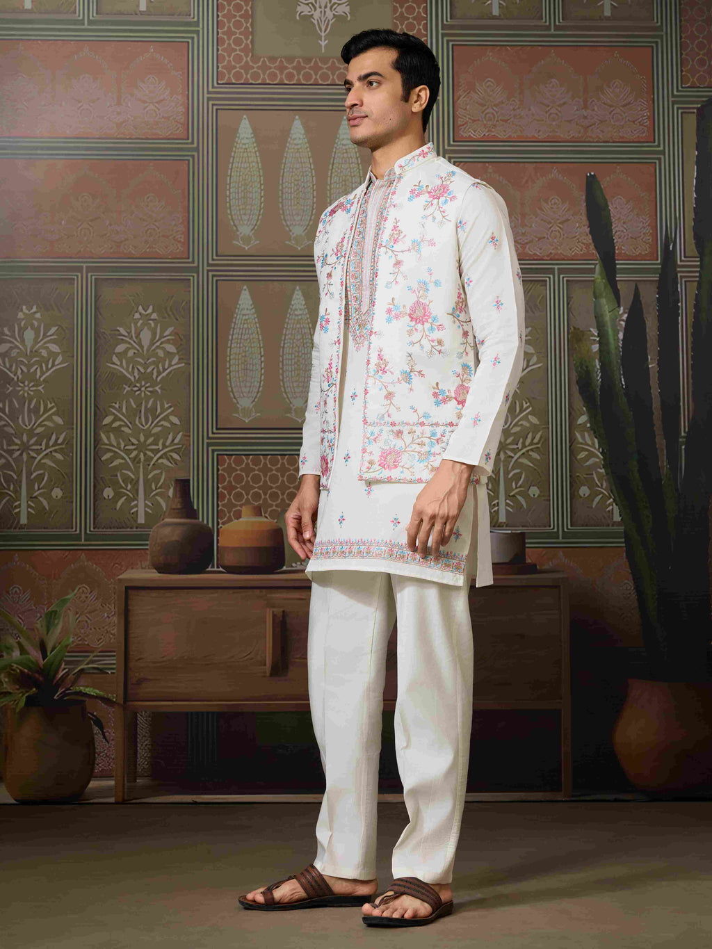 Ethnic White Embroidered Koti Kurta Set for Men