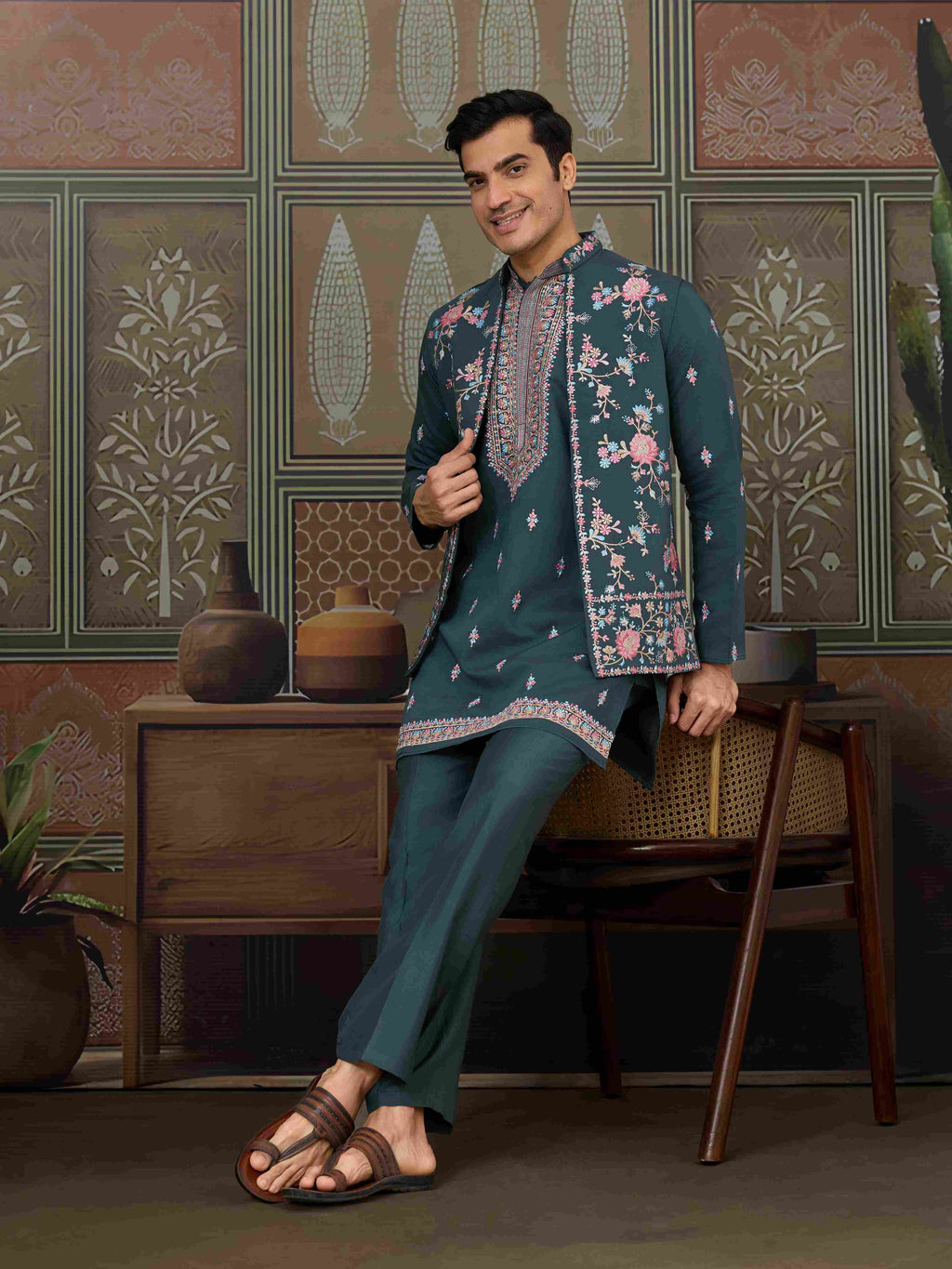 Premium Designer Green Koti Kurta Pair for Men