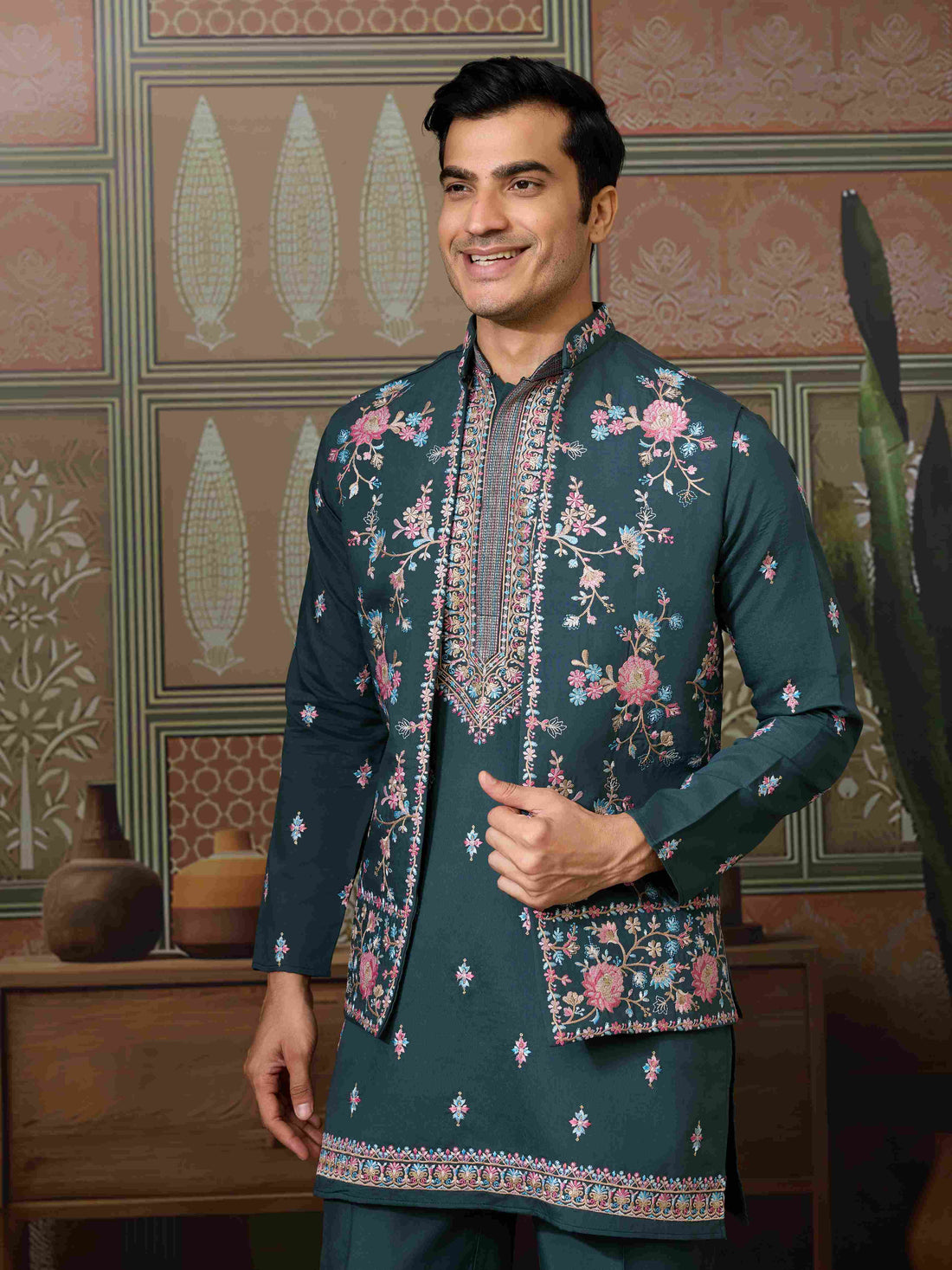 Premium Designer Green Koti Kurta Pair for Men