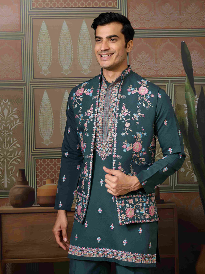 Premium Designer Green Koti Kurta Pair for Men