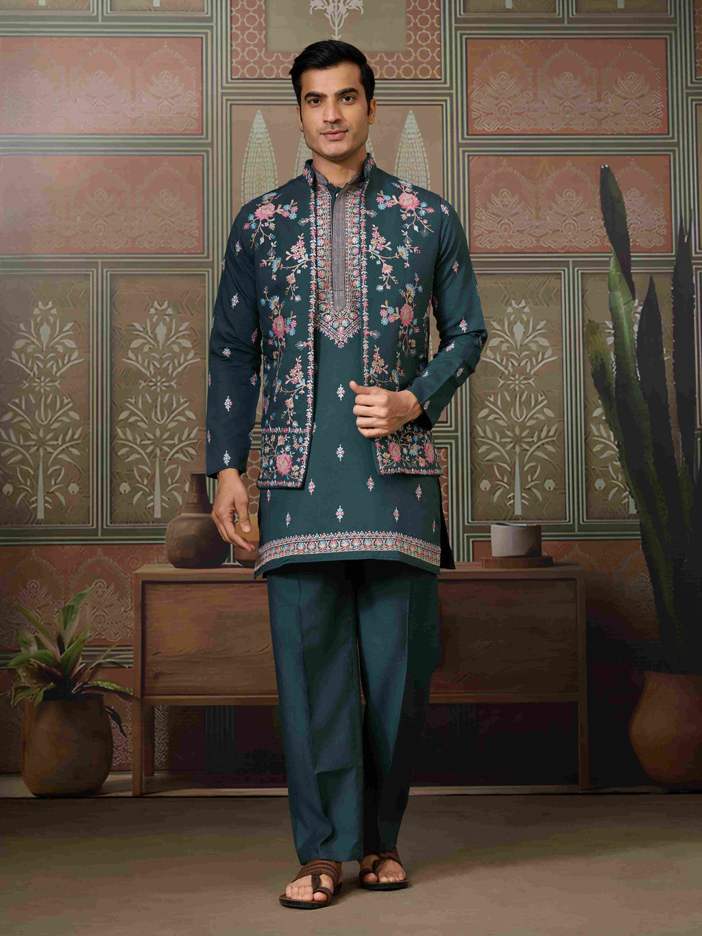 Premium Designer Green Koti Kurta Pair for Men