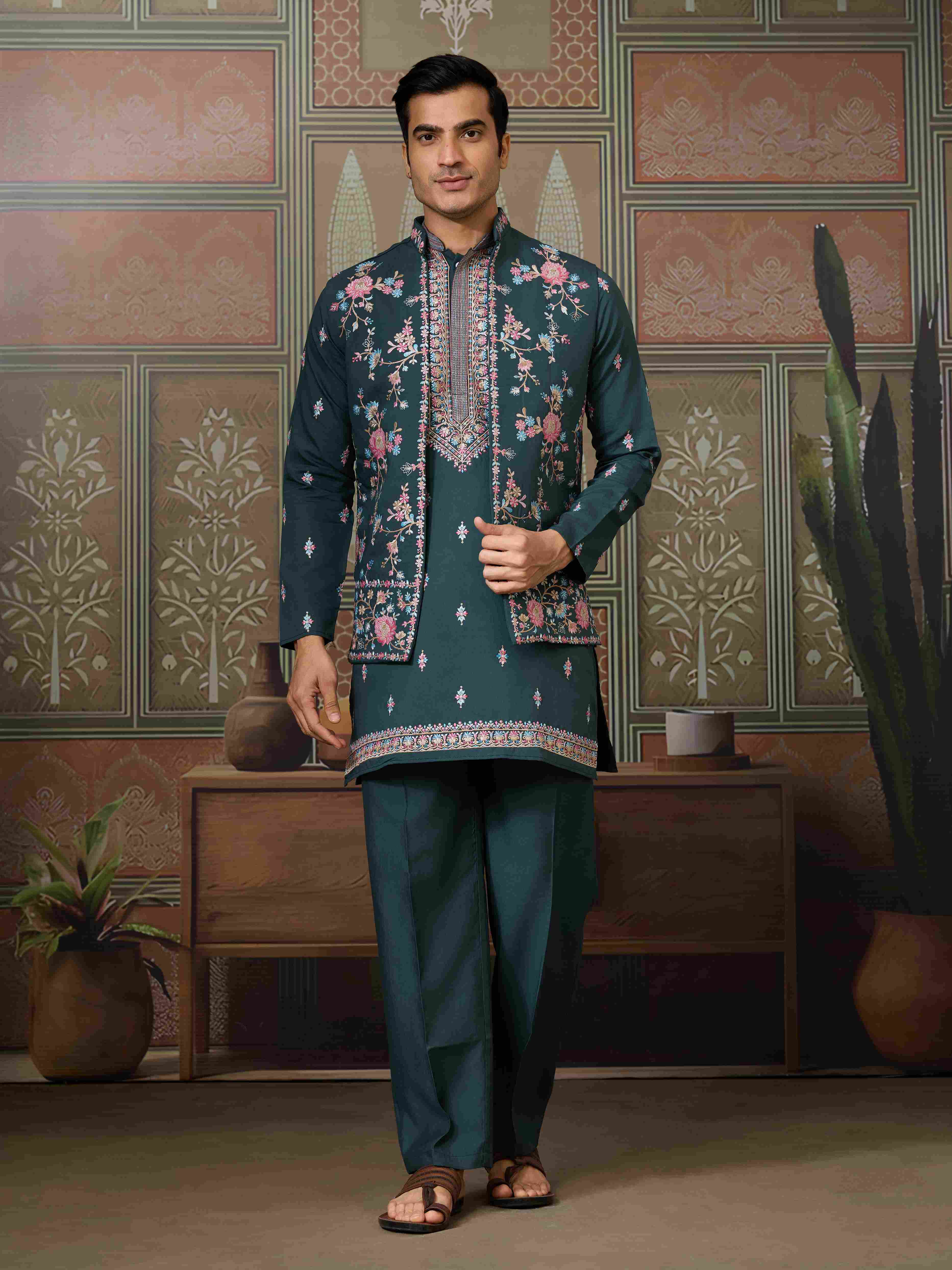 Premium Designer Green Koti Kurta Pair for Men
