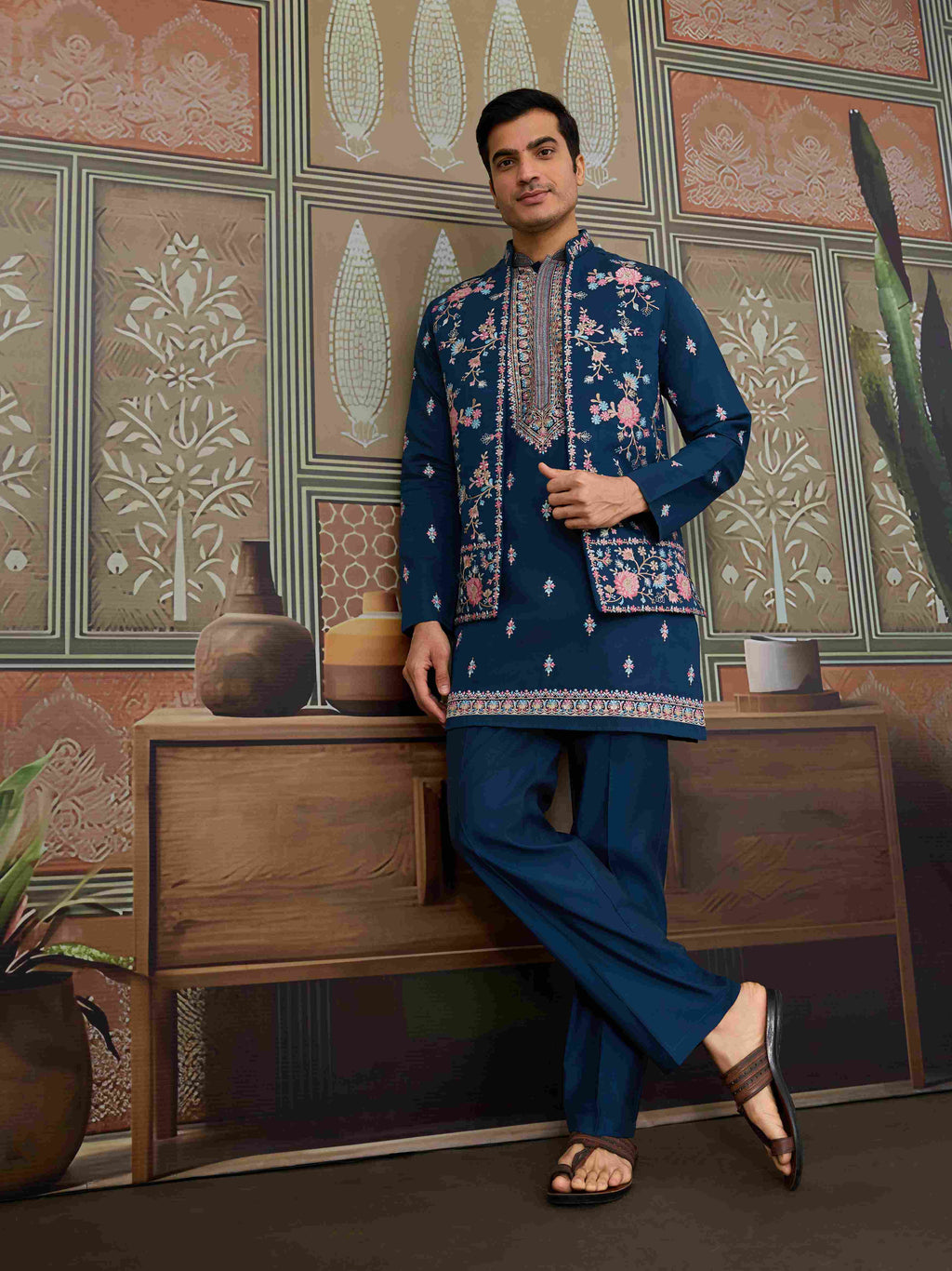 Mens Modern Teal Blue Open Koti Kurta Set for Men