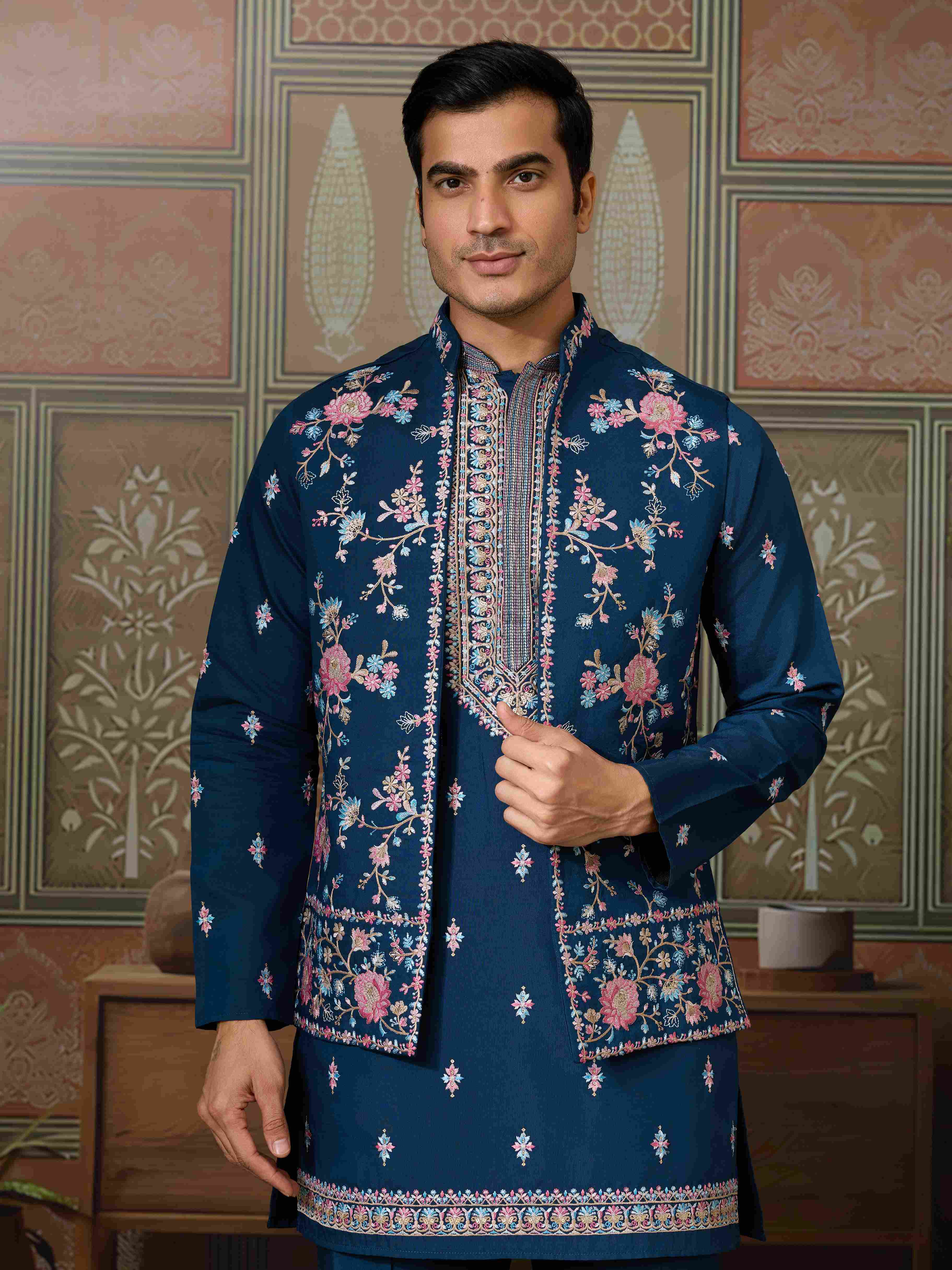 Mens Modern Teal Blue Open Koti Kurta Set for Men
