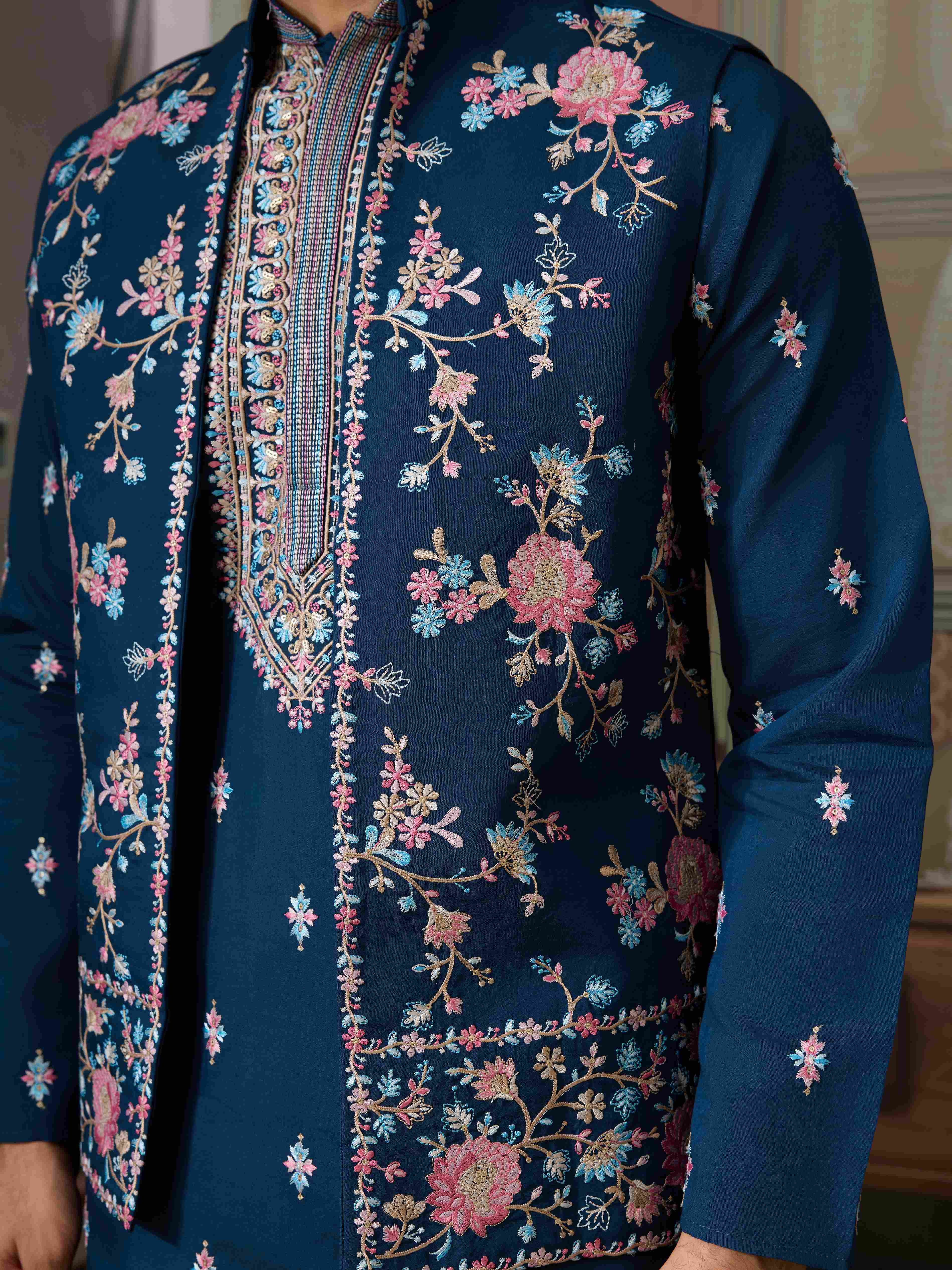 Mens Modern Teal Blue Open Koti Kurta Set for Men