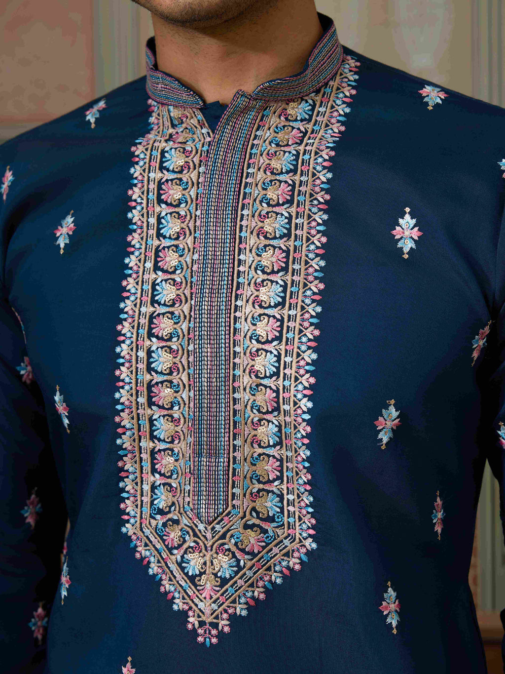 Mens Modern Teal Blue Open Koti Kurta Set for Men
