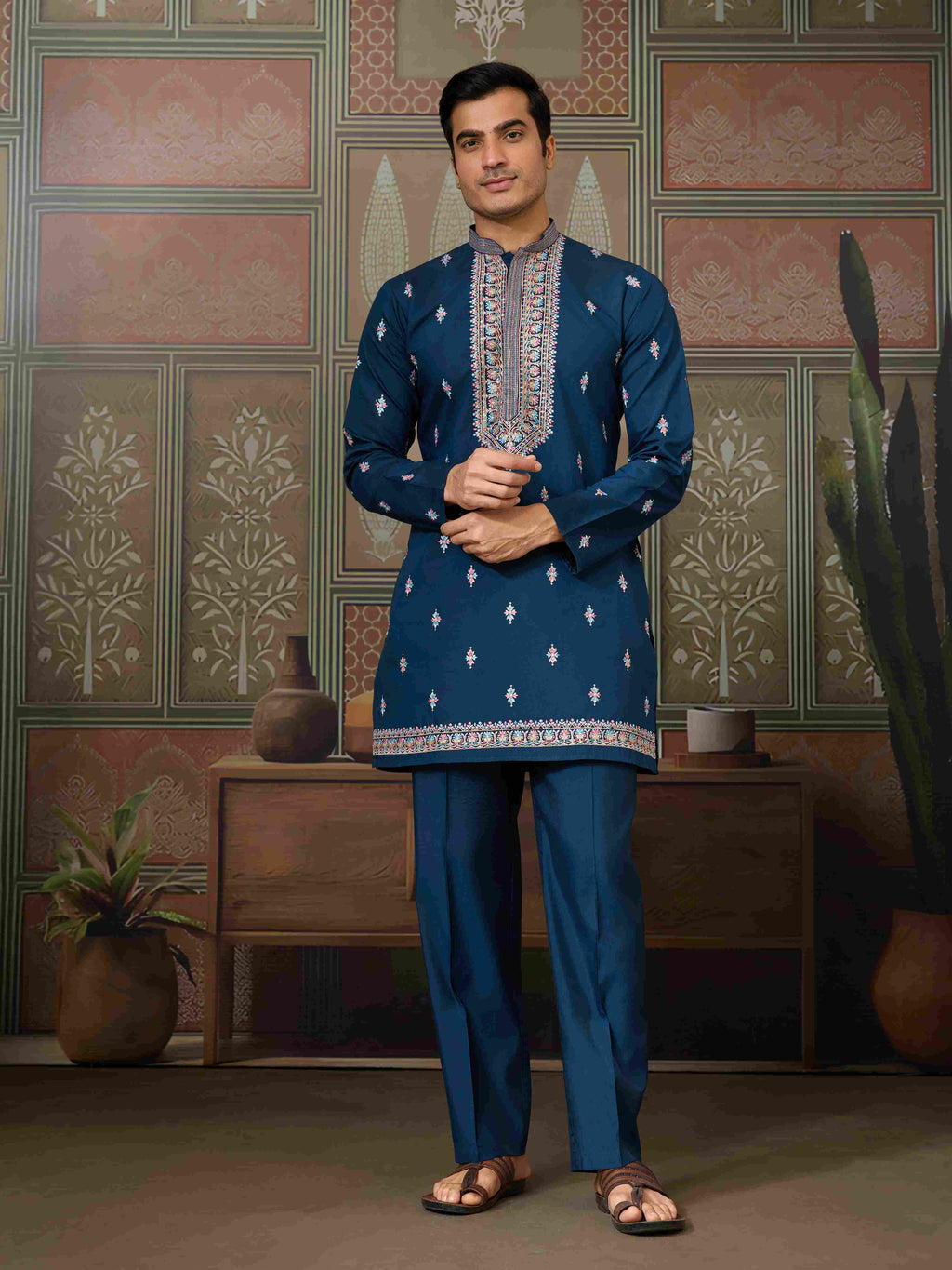 Mens Modern Teal Blue Open Koti Kurta Set for Men