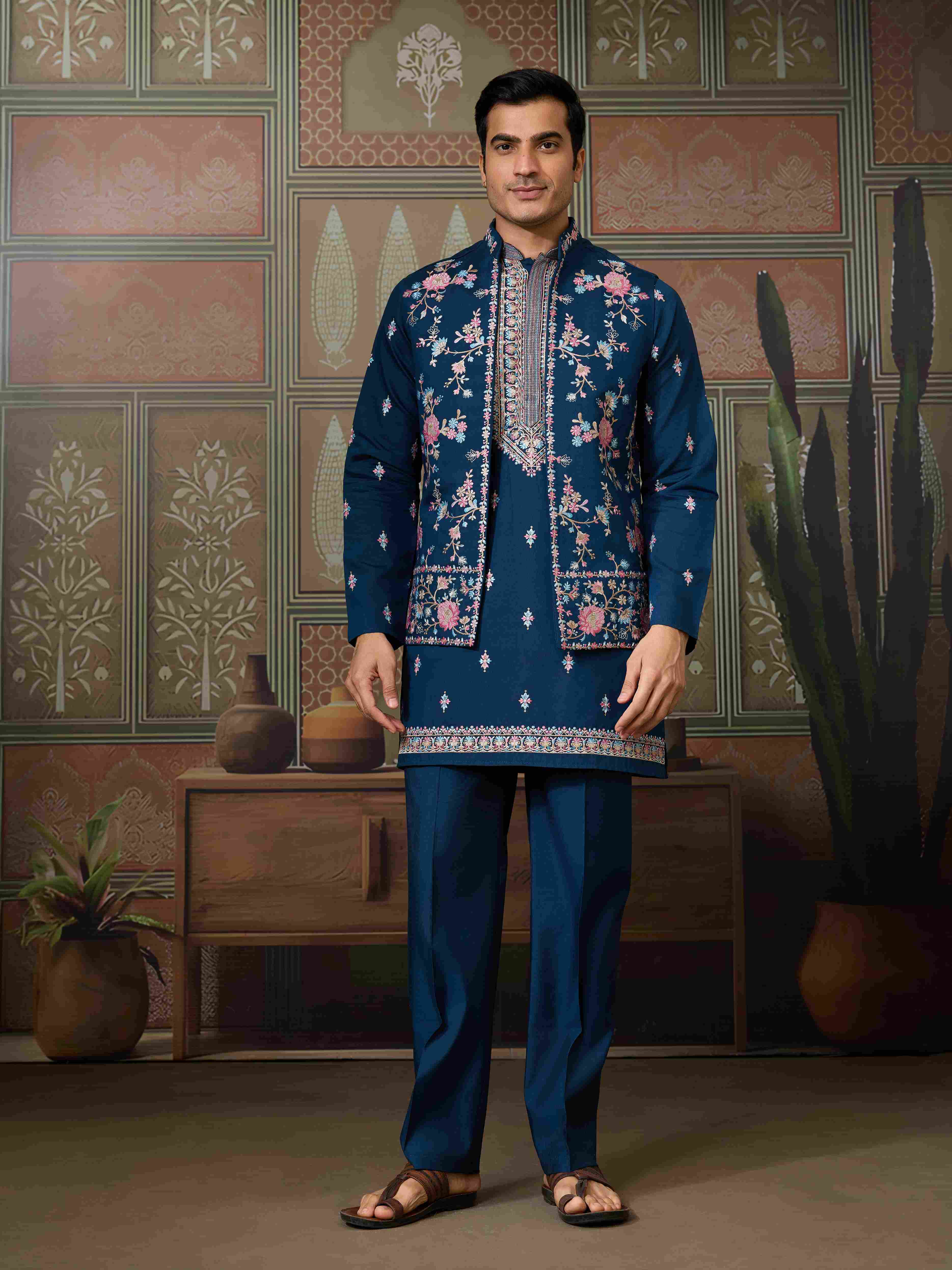 Mens Modern Teal Blue Open Koti Kurta Set for Men