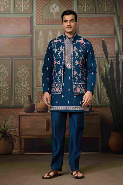 Mens Modern Teal Blue Open Koti Kurta Set for Men