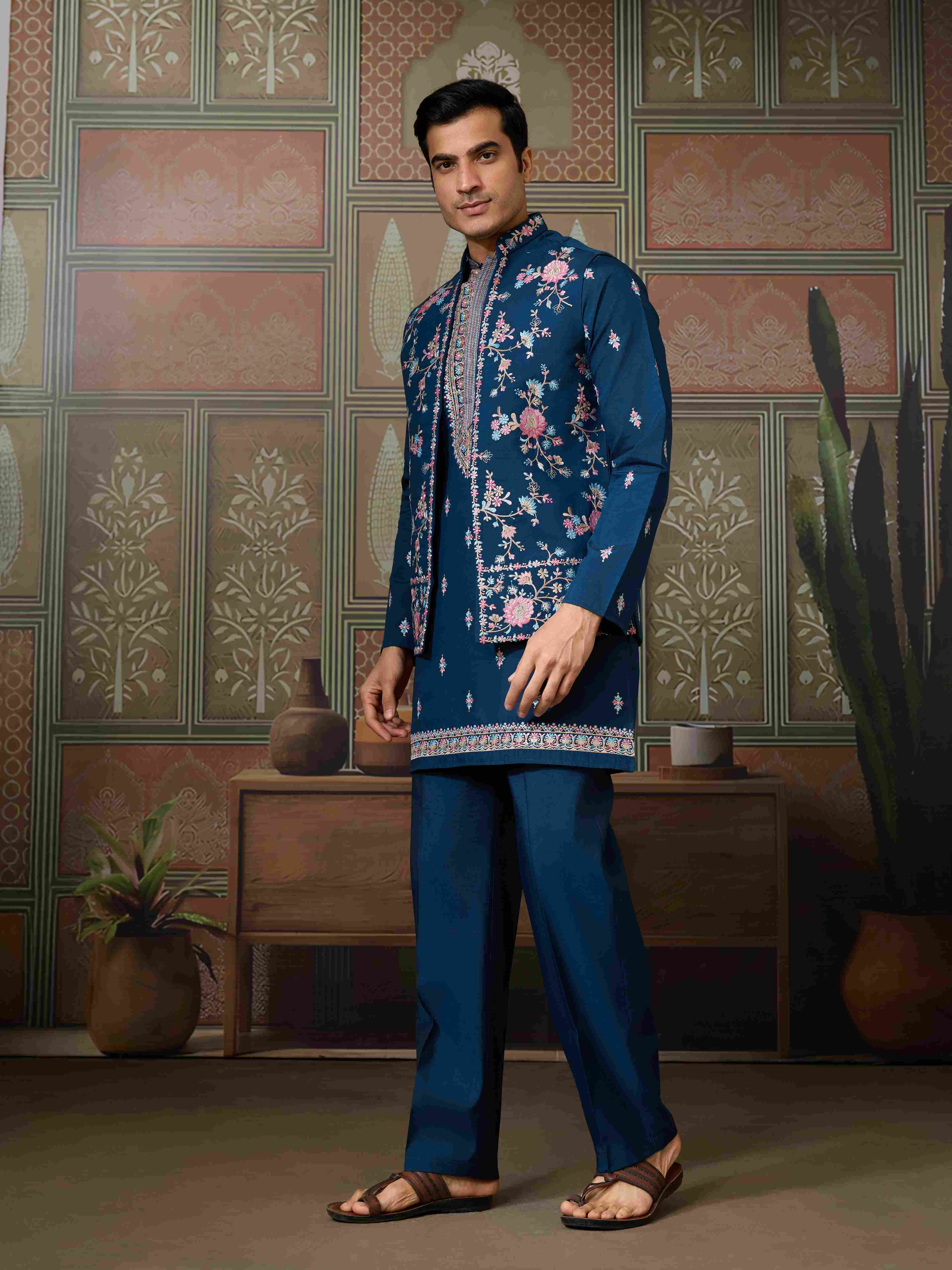 Mens Modern Teal Blue Open Koti Kurta Set for Men