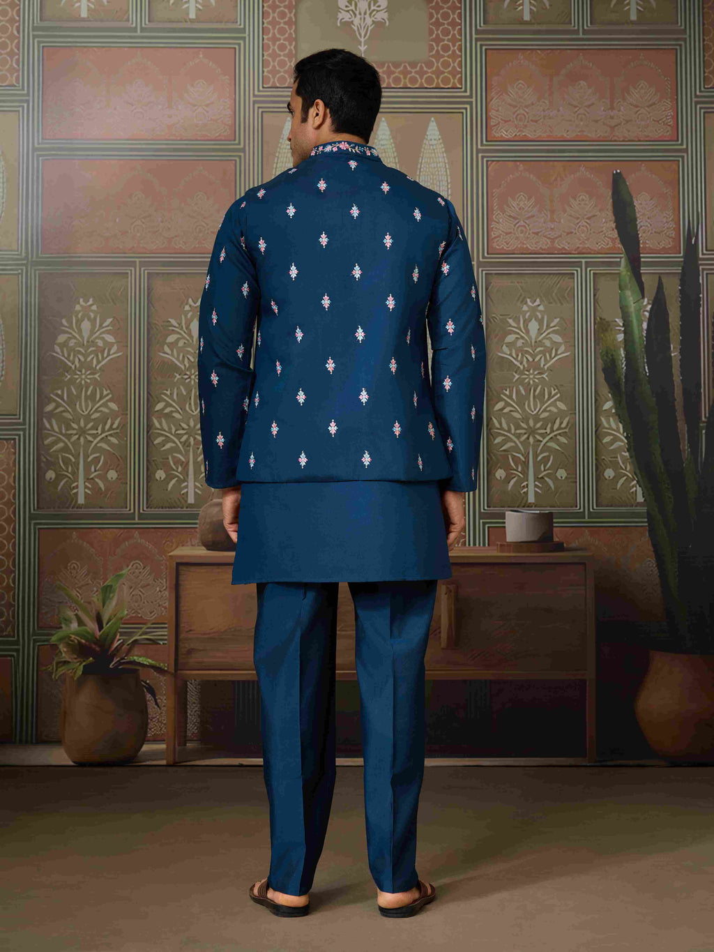 Mens Modern Teal Blue Open Koti Kurta Set for Men