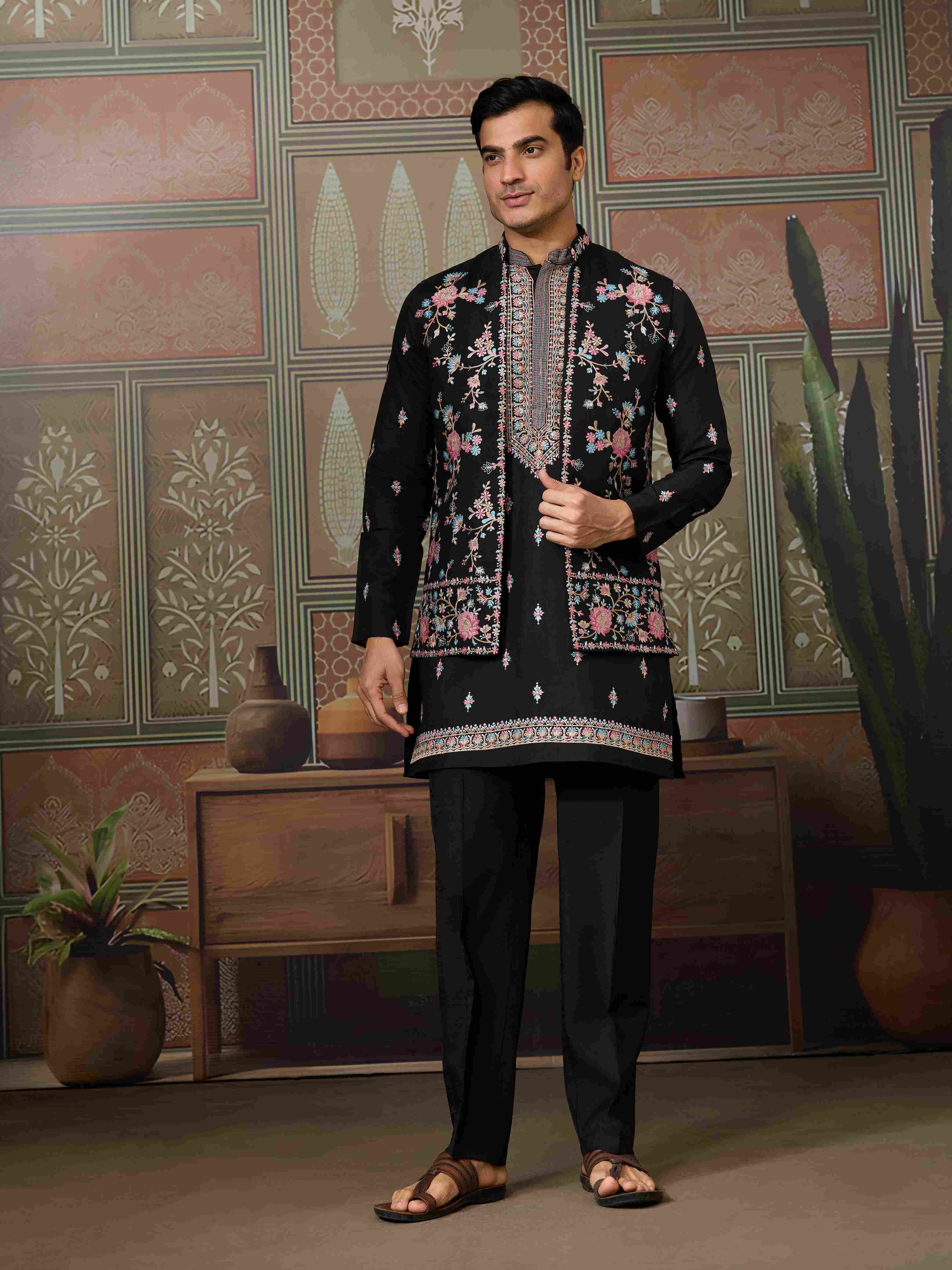 Black Mens Kurta with Stylish Koti for Wedding Wear