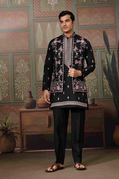 Black Mens Kurta with Stylish Koti for Wedding Wear