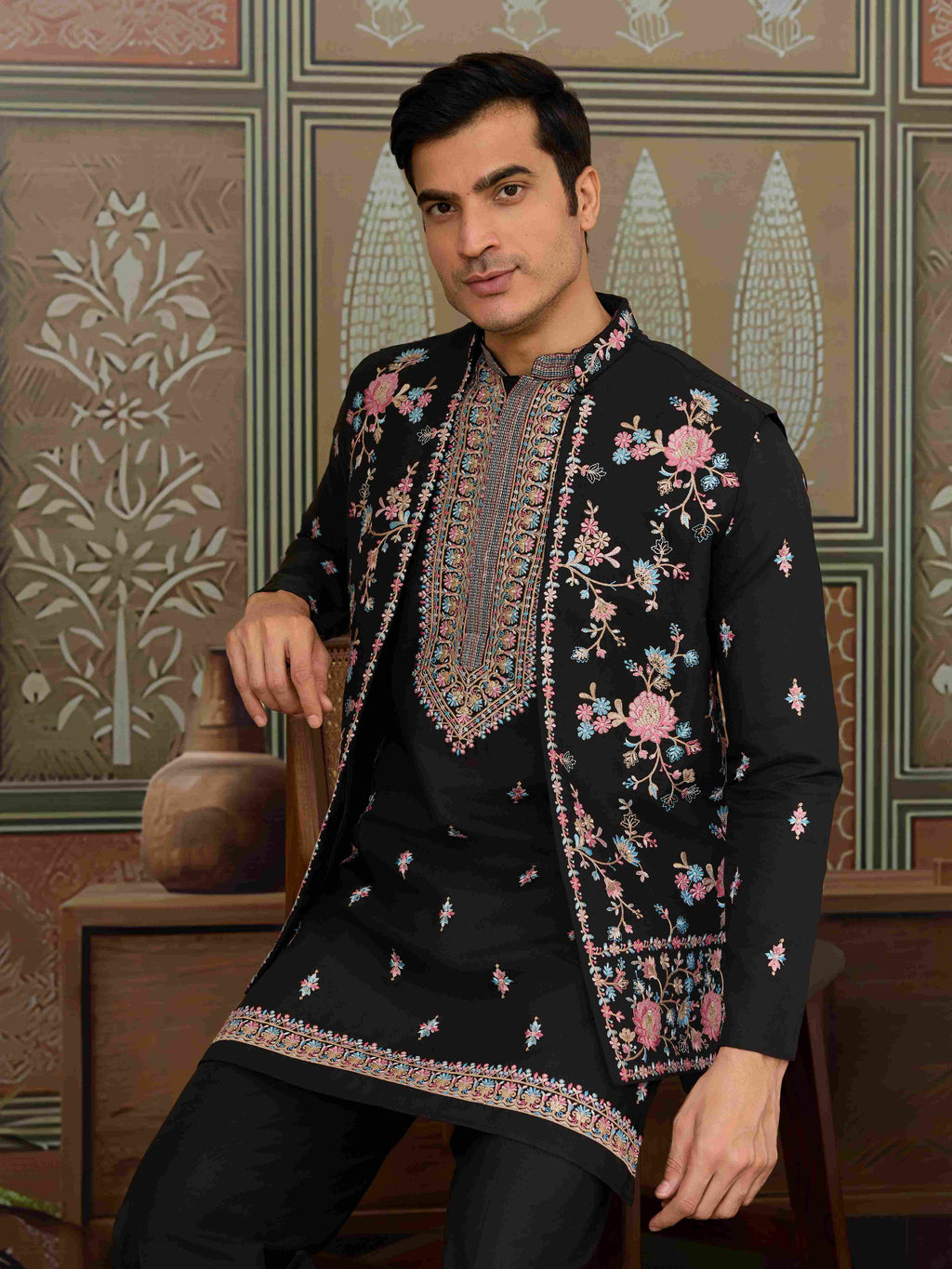 Black Mens Kurta with Stylish Koti for Wedding Wear