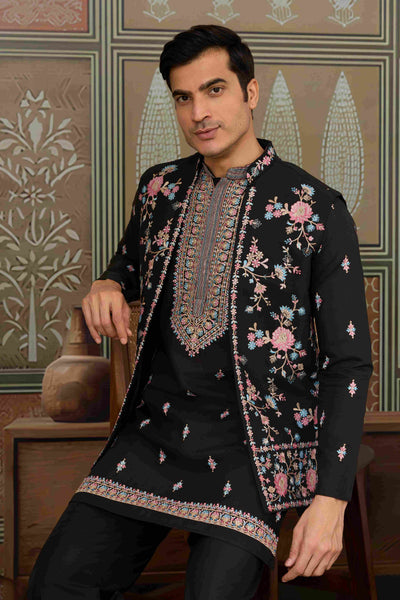Black Mens Kurta with Stylish Koti for Wedding Wear