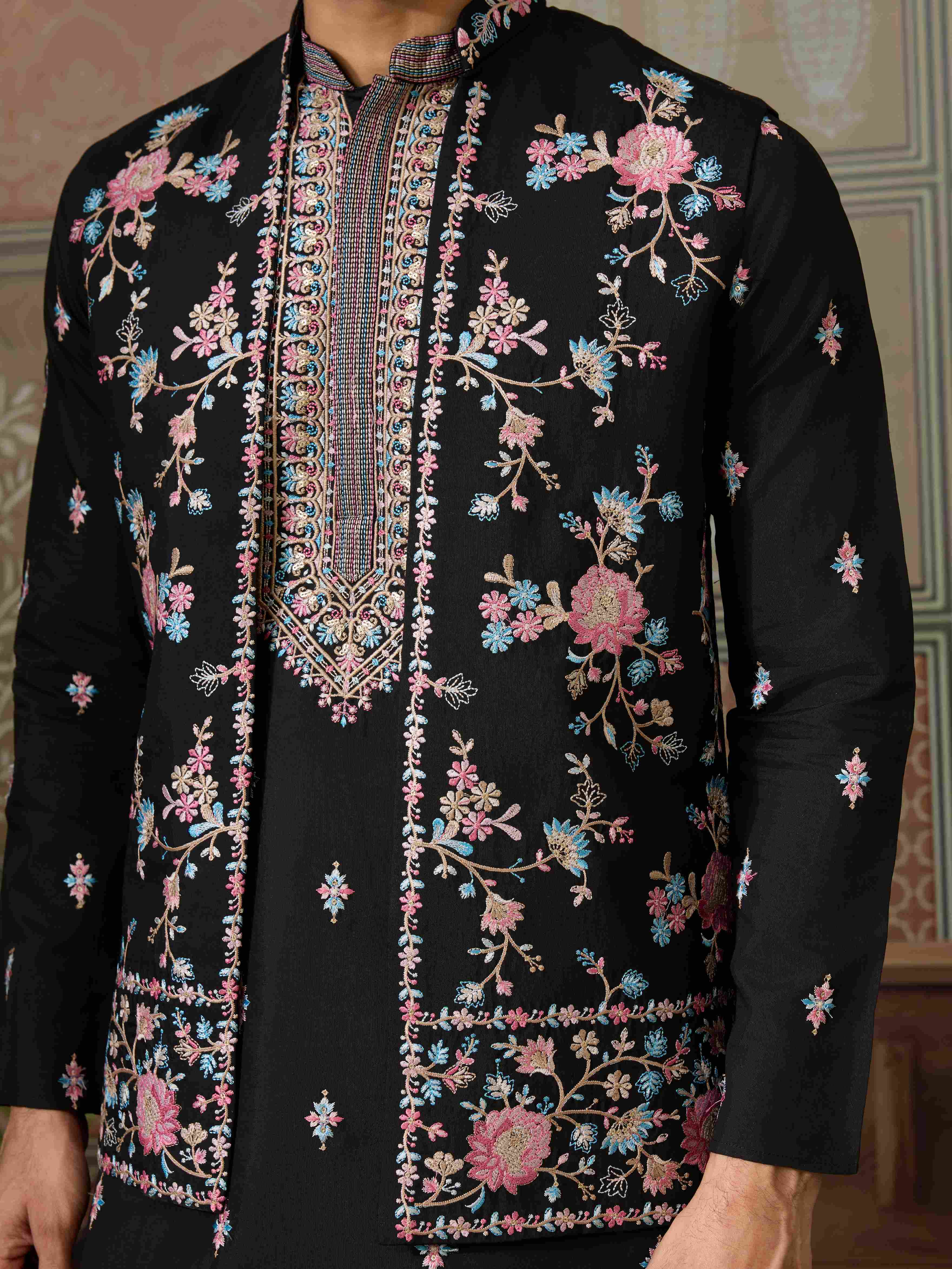 Black Mens Kurta with Stylish Koti for Wedding Wear