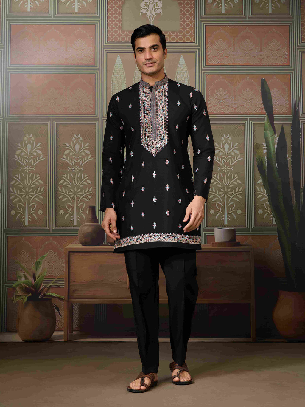 Black Mens Kurta with Stylish Koti for Wedding Wear