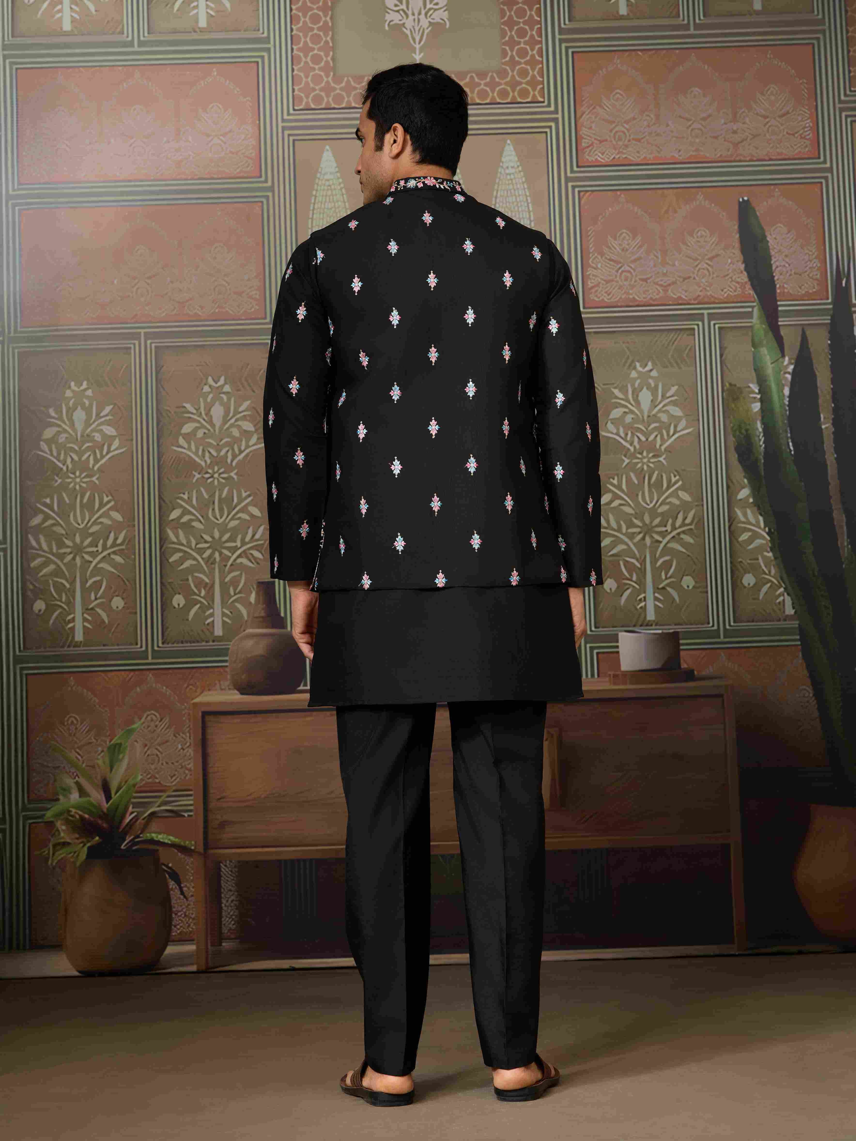 Black Mens Kurta with Stylish Koti for Wedding Wear