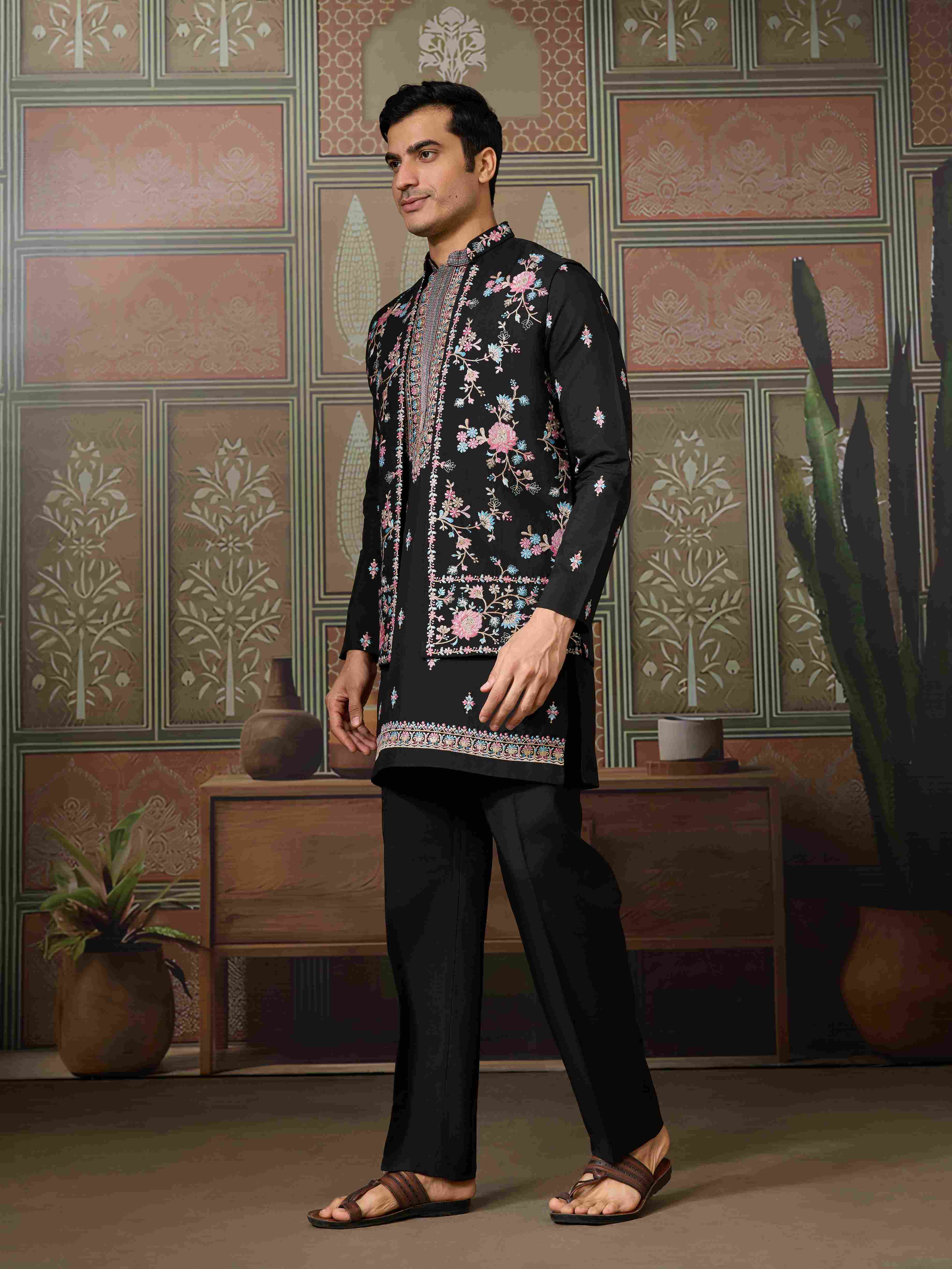 Black Mens Kurta with Stylish Koti for Wedding Wear