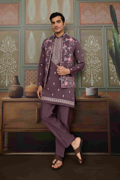 Dusty Purple Wedding Kurta with Matching Koti Set for men