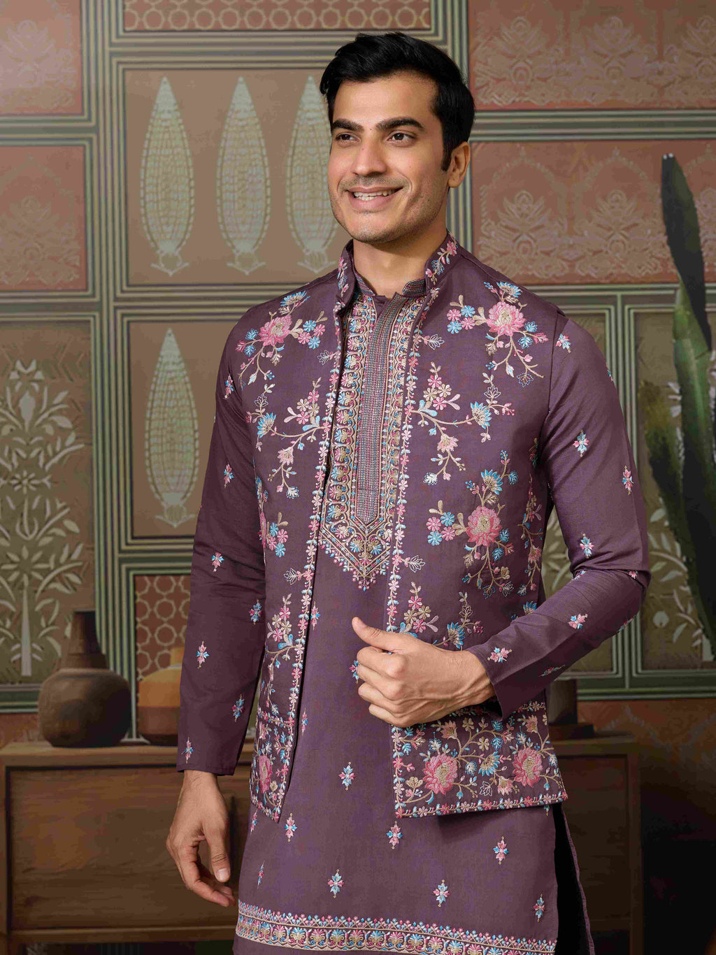 Dusty Purple Wedding Kurta with Matching Koti Set for men