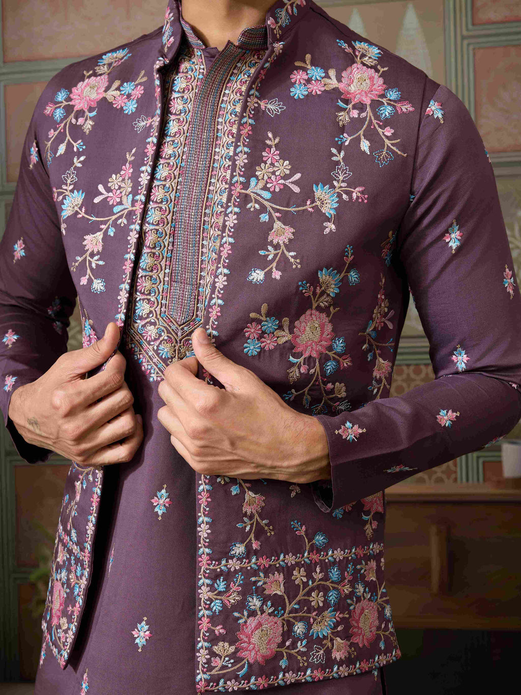Dusty Purple Wedding Kurta with Matching Koti Set for men