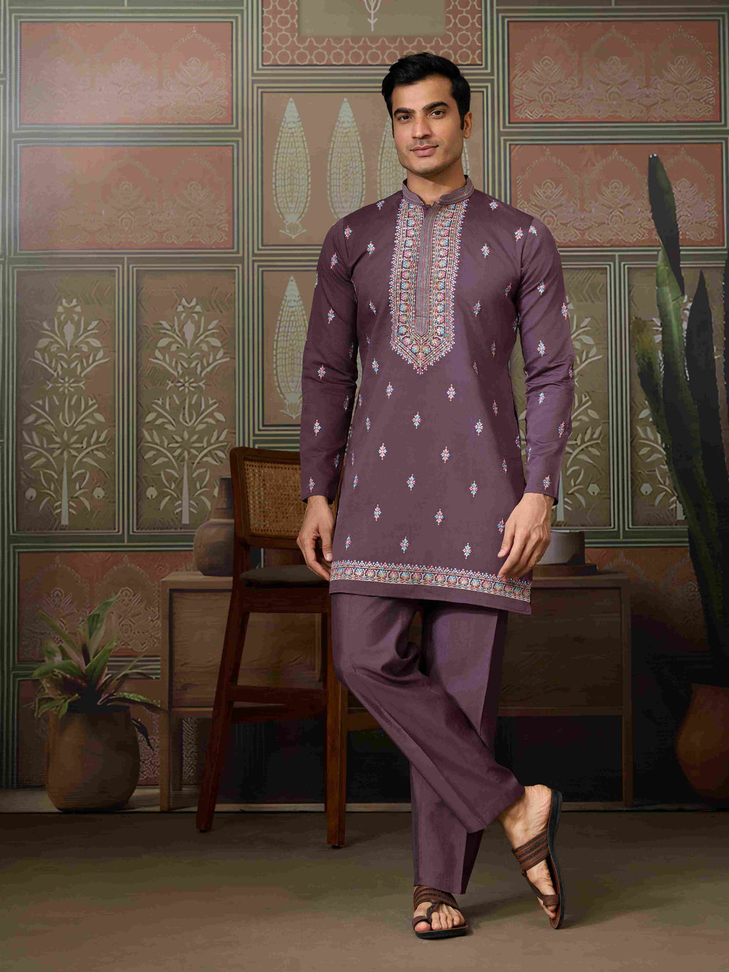 Dusty Purple Wedding Kurta with Matching Koti Set for men
