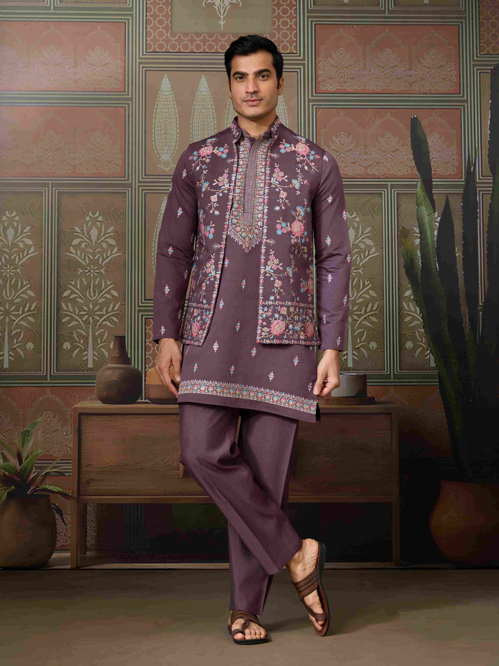 Dusty Purple Wedding Kurta with Matching Koti Set for men