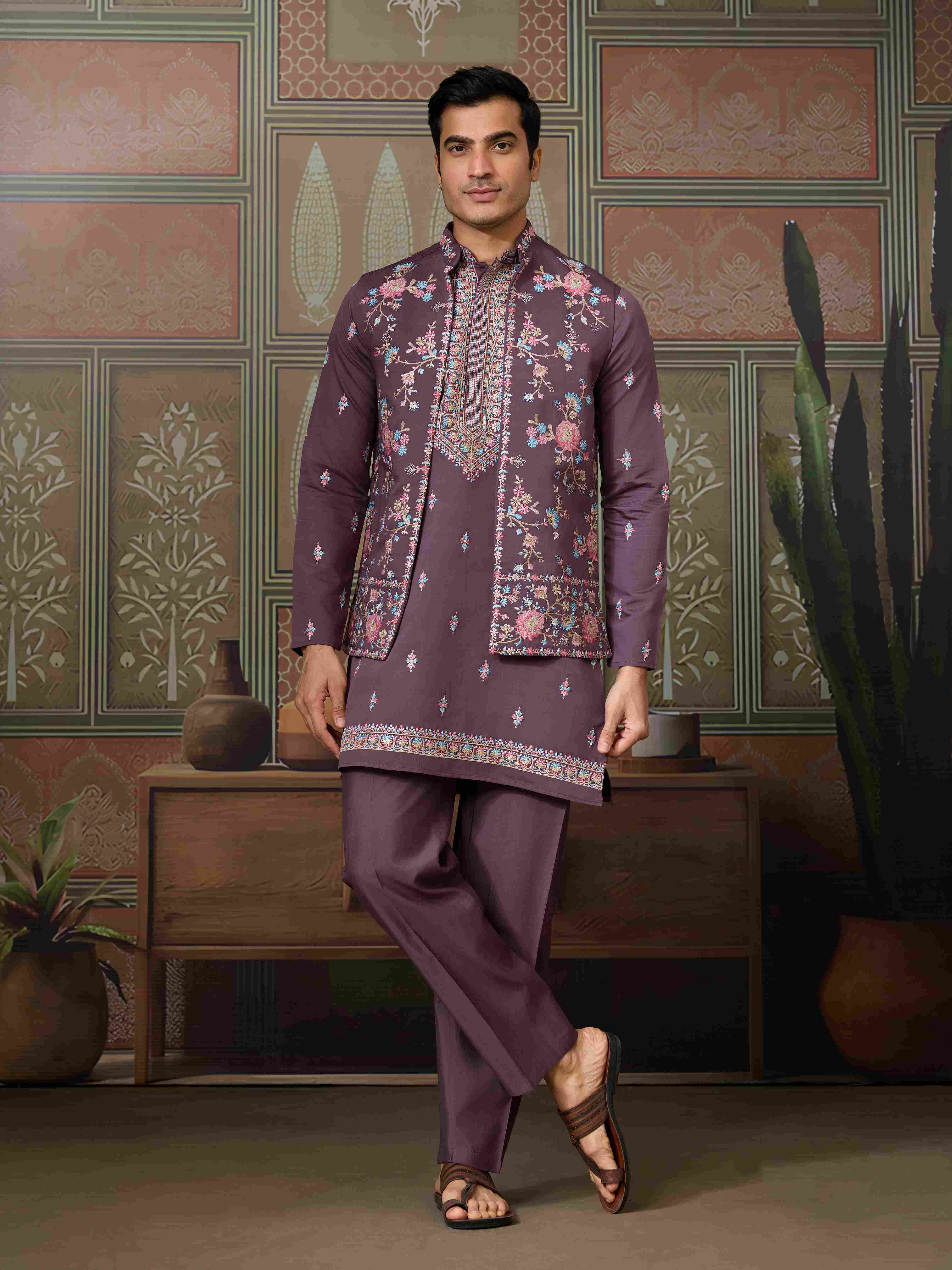 Dusty Purple Wedding Kurta with Matching Koti Set for men
