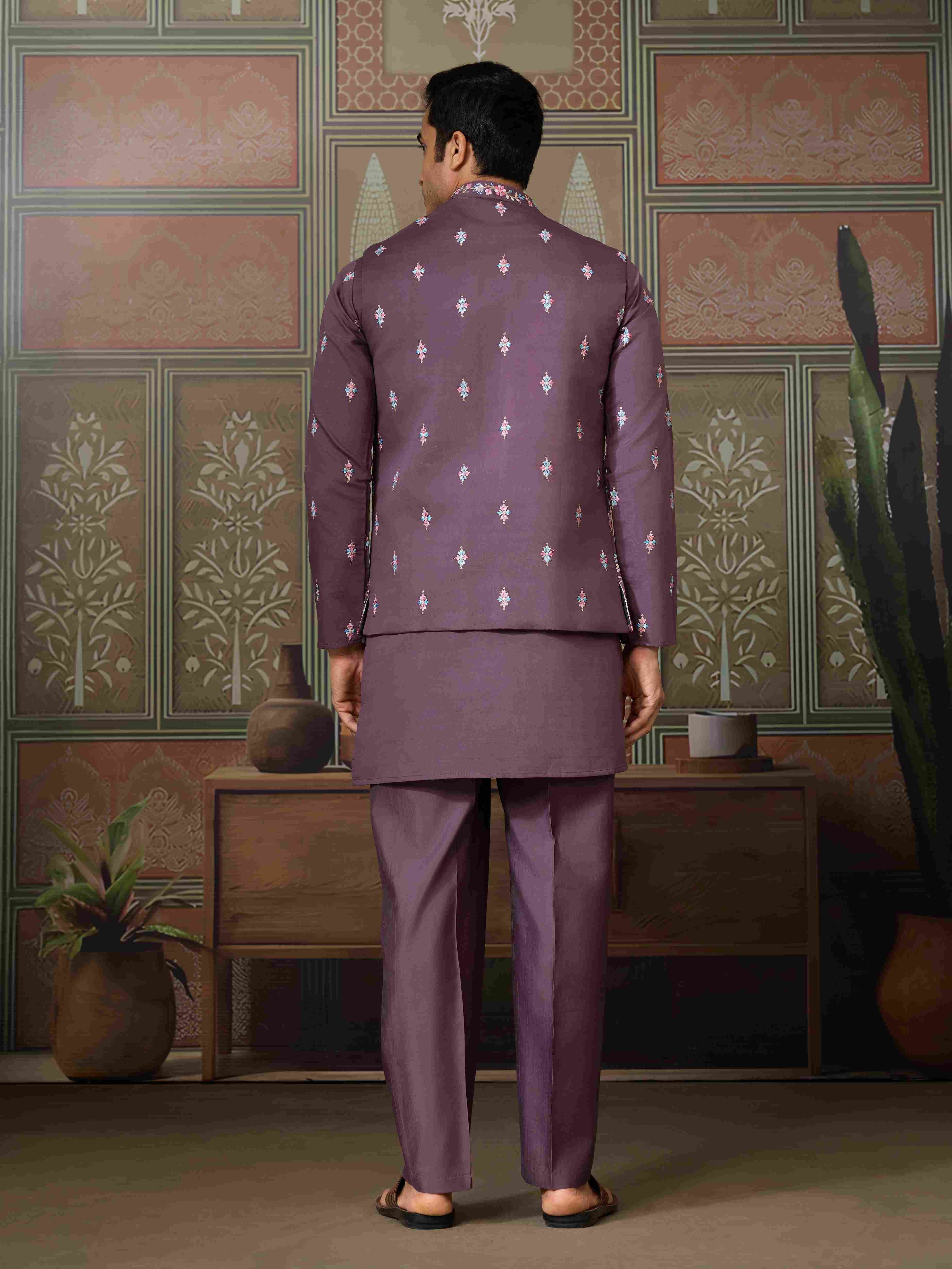 Dusty Purple Wedding Kurta with Matching Koti Set for men