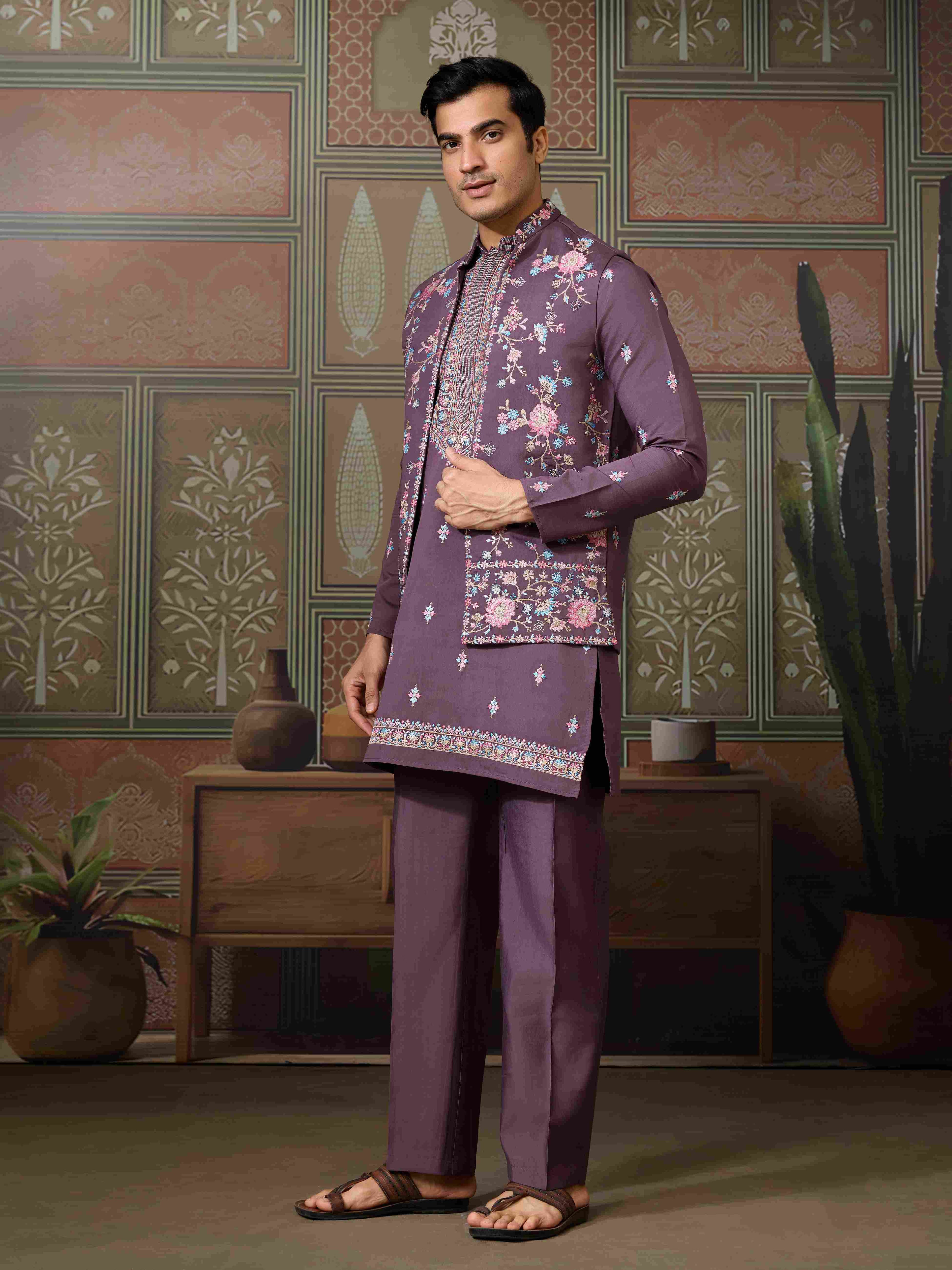 Dusty Purple Wedding Kurta with Matching Koti Set for men