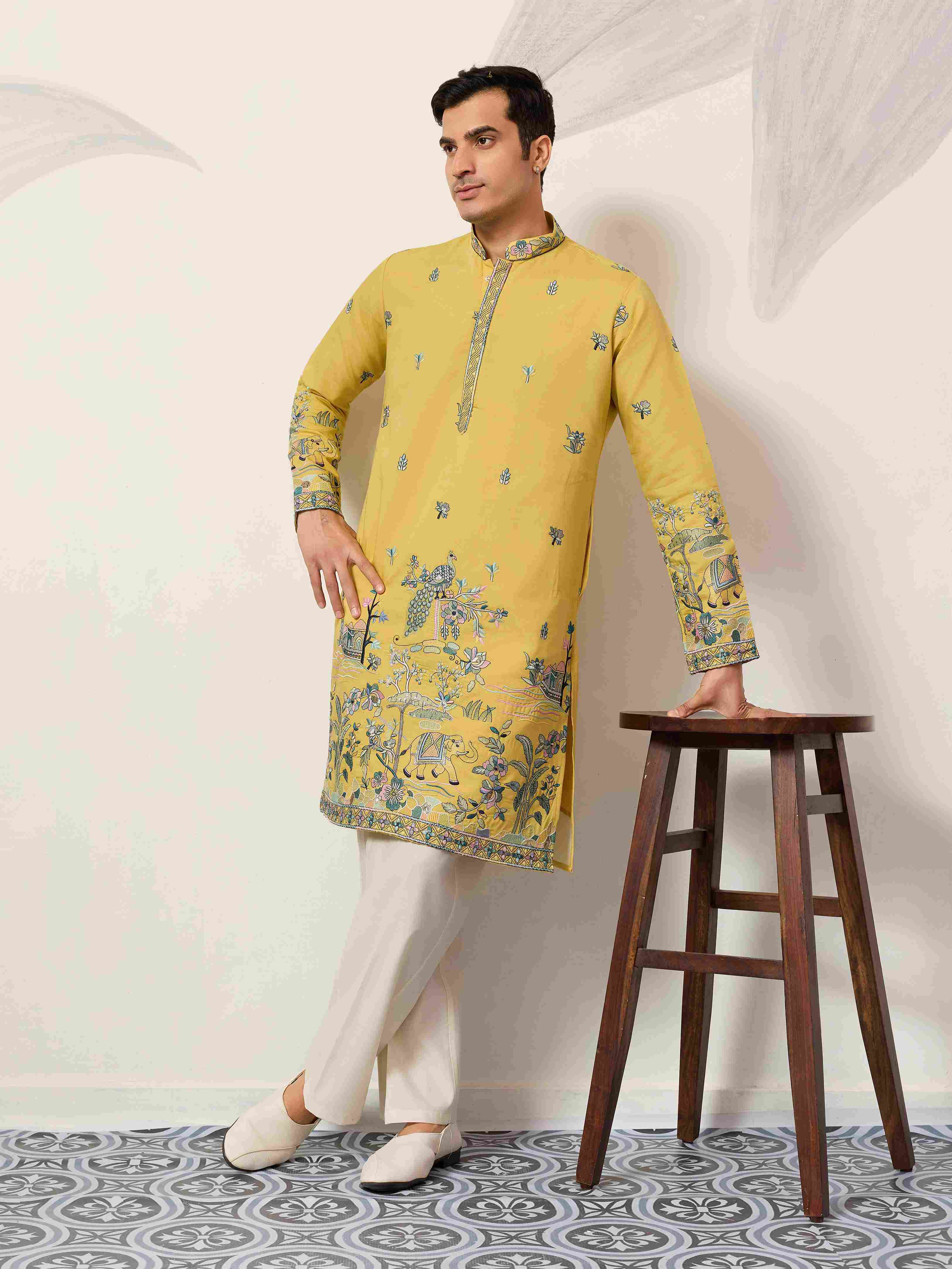 Elegant Haldi Yellow Mens Wear Kurta for Wedding Function