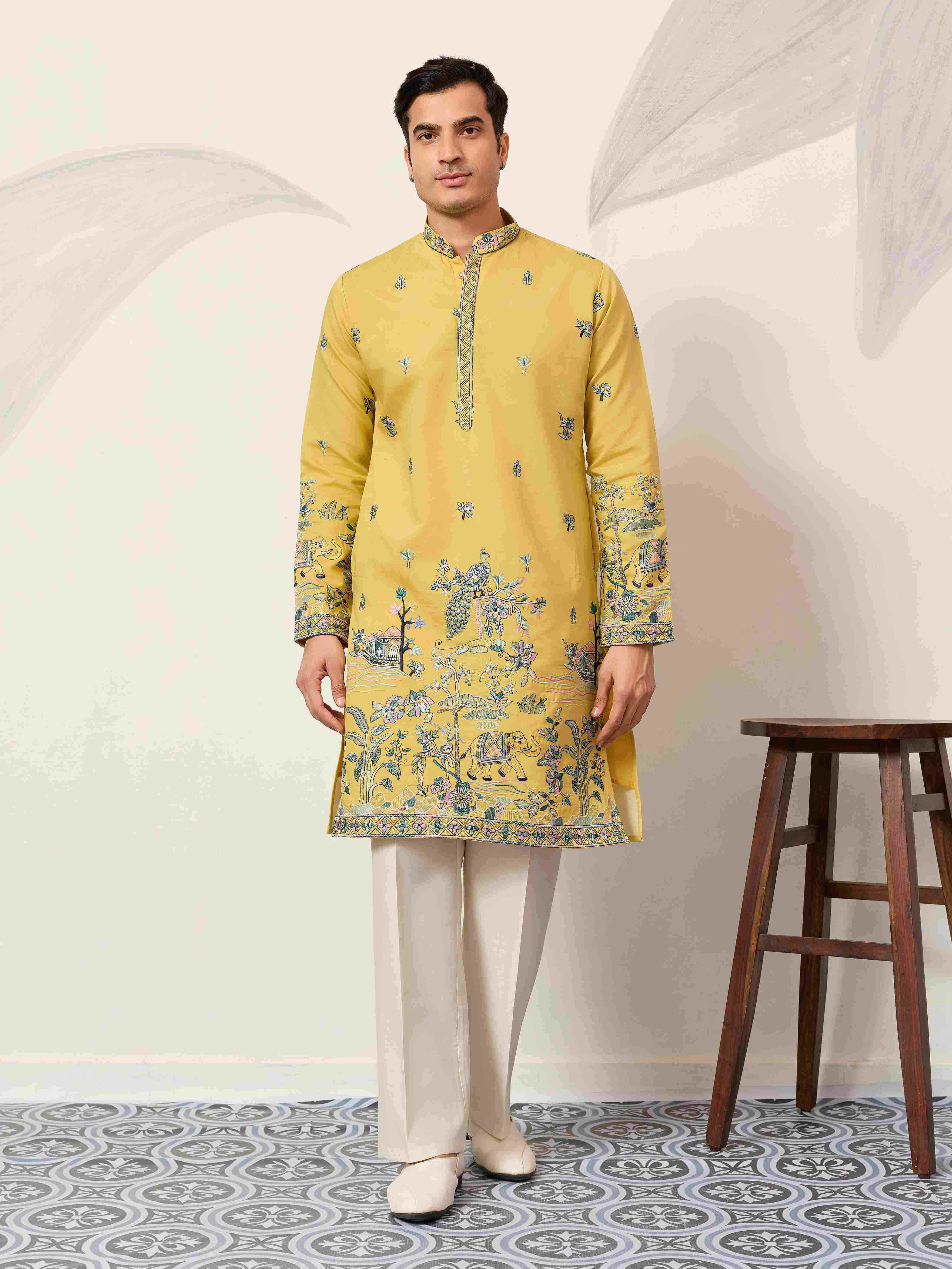 Elegant Haldi Yellow Mens Wear Kurta for Wedding Function