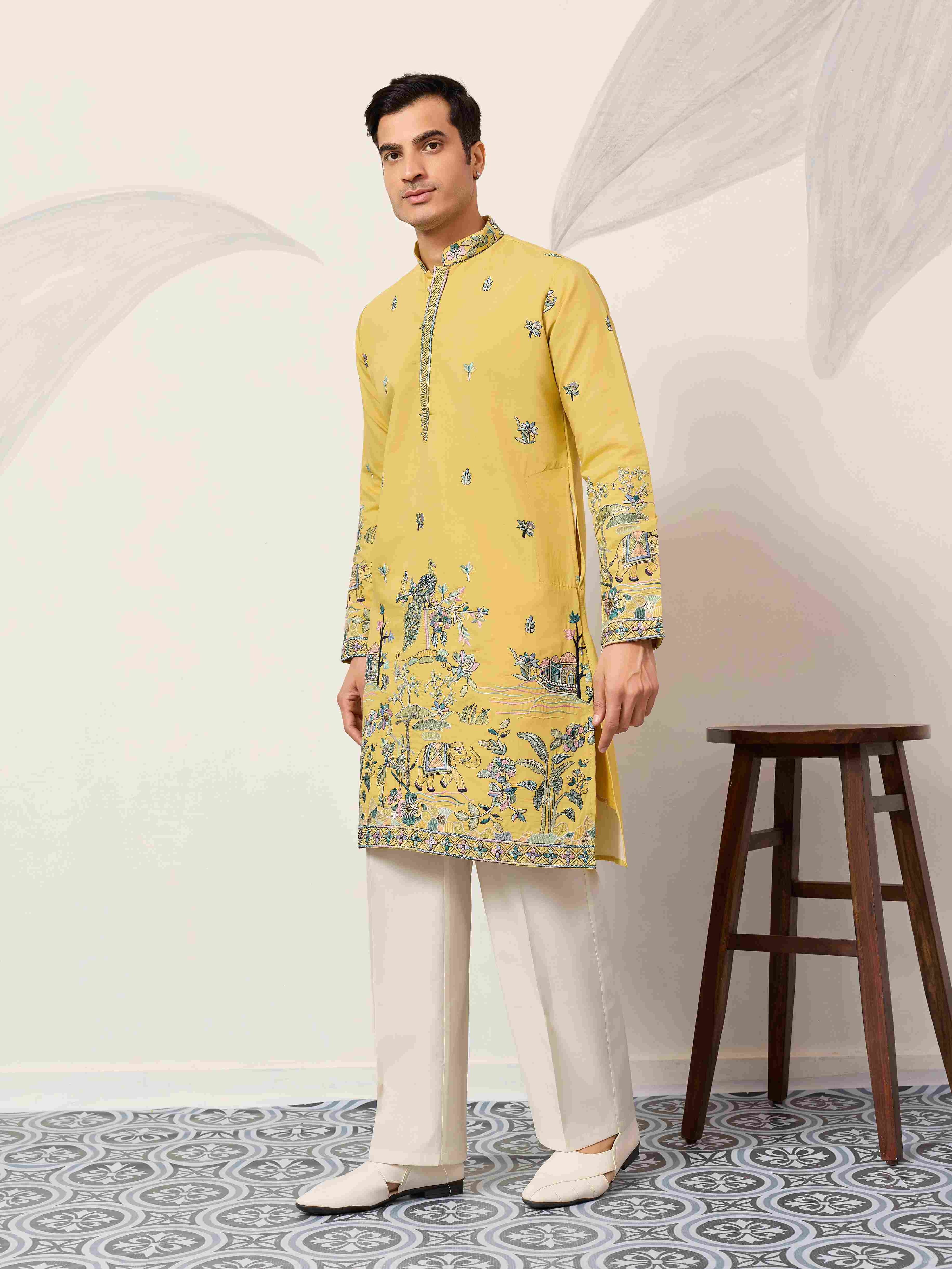 Elegant Haldi Yellow Mens Wear Kurta for Wedding Function