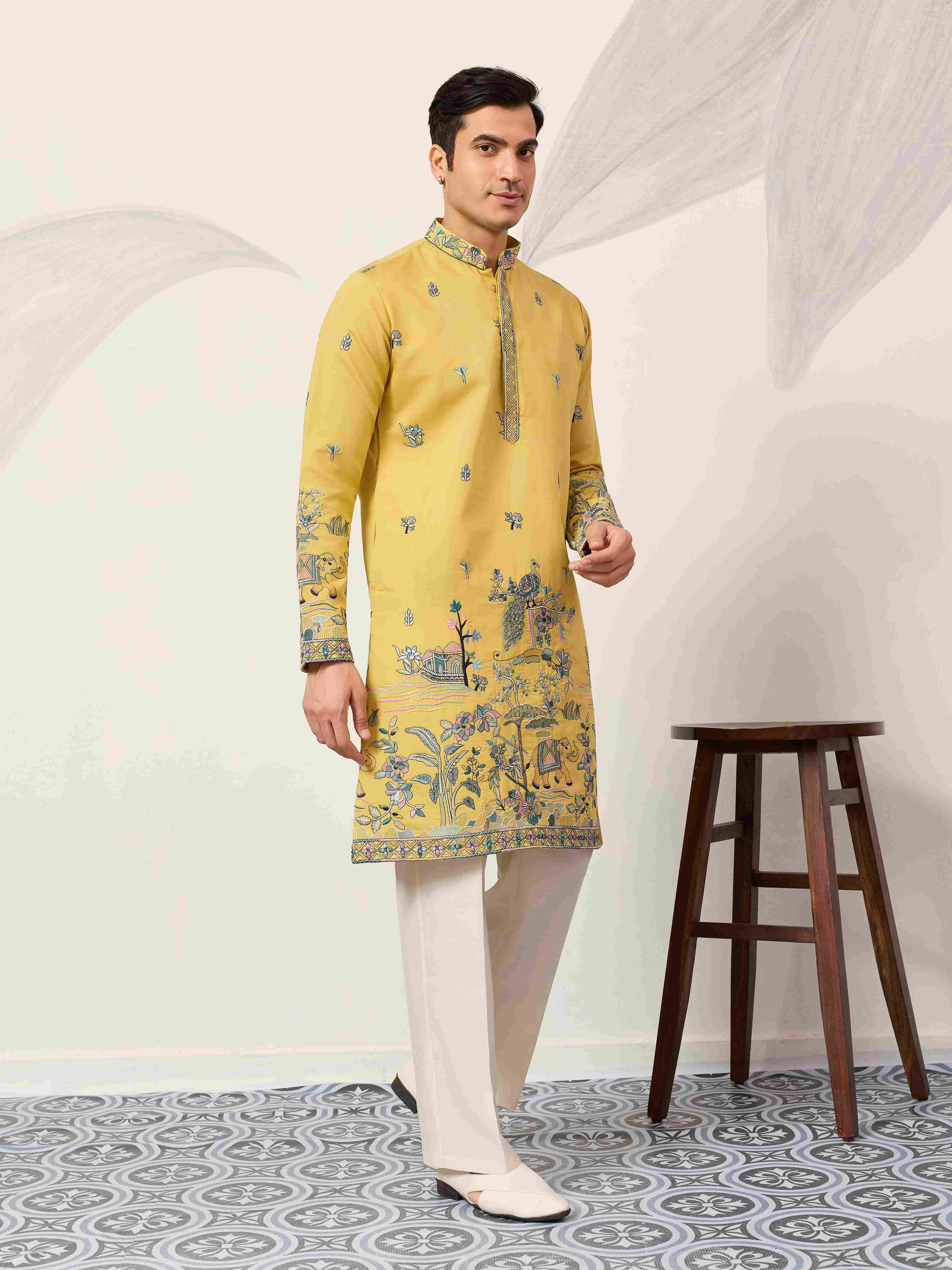 Elegant Haldi Yellow Mens Wear Kurta for Wedding Function