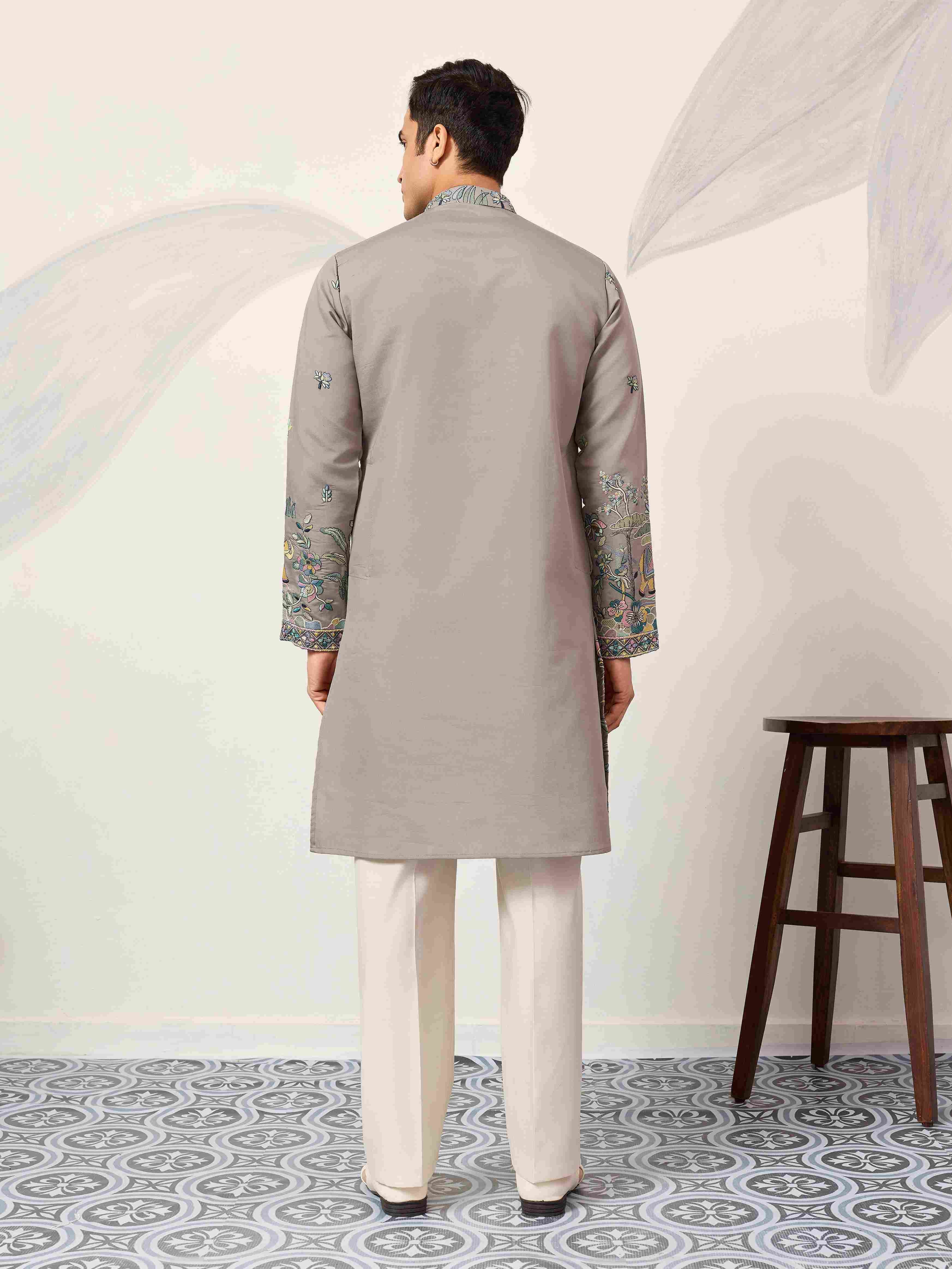 Wedding Traditional Look Grey Kurta for Mens Wear