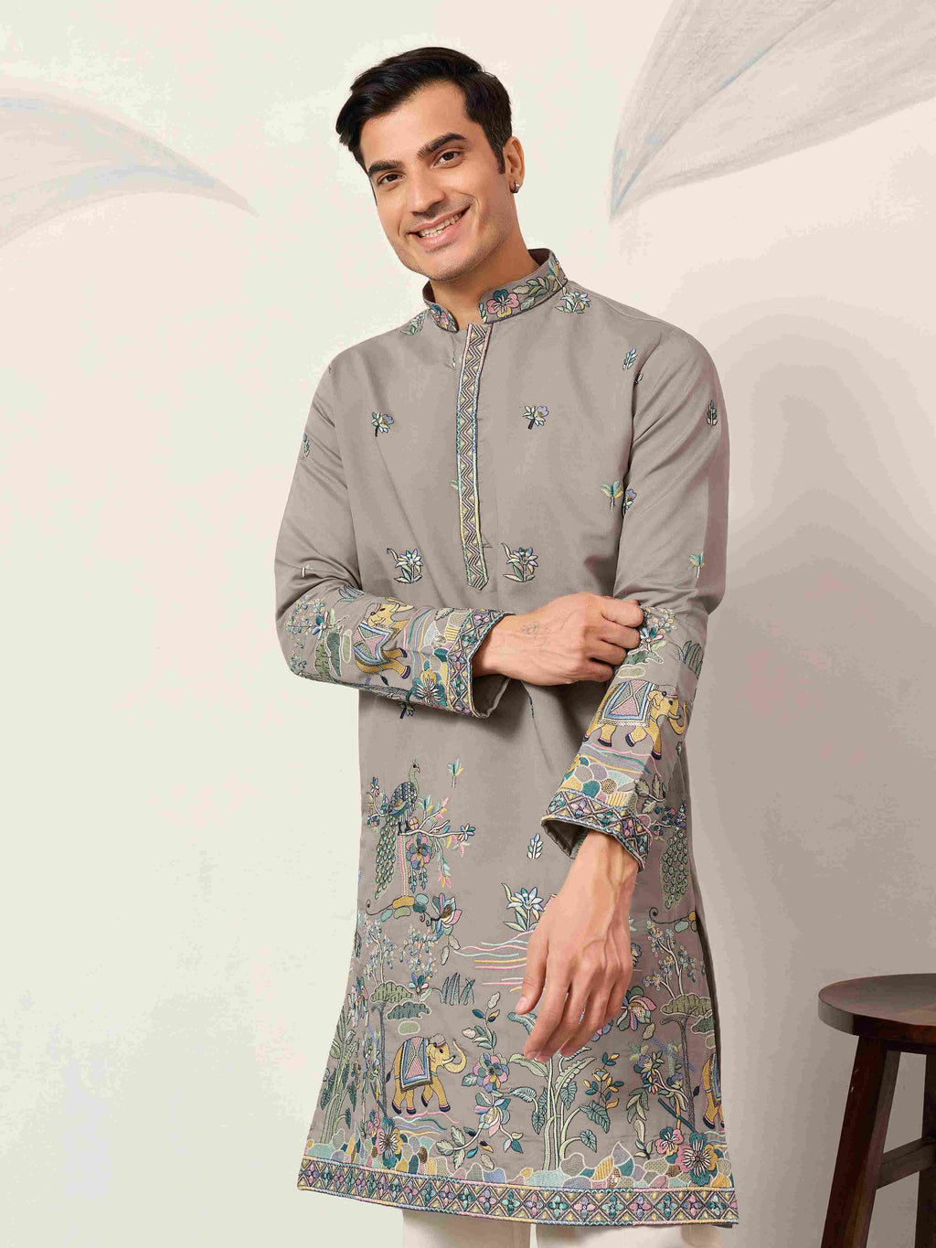 Wedding Traditional Look Grey Kurta for Mens Wear
